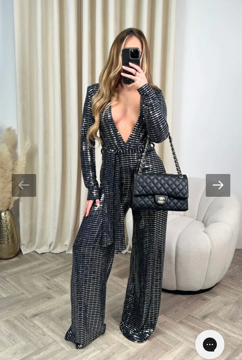 TARA SILVER SEQUIN JUMPSUIT