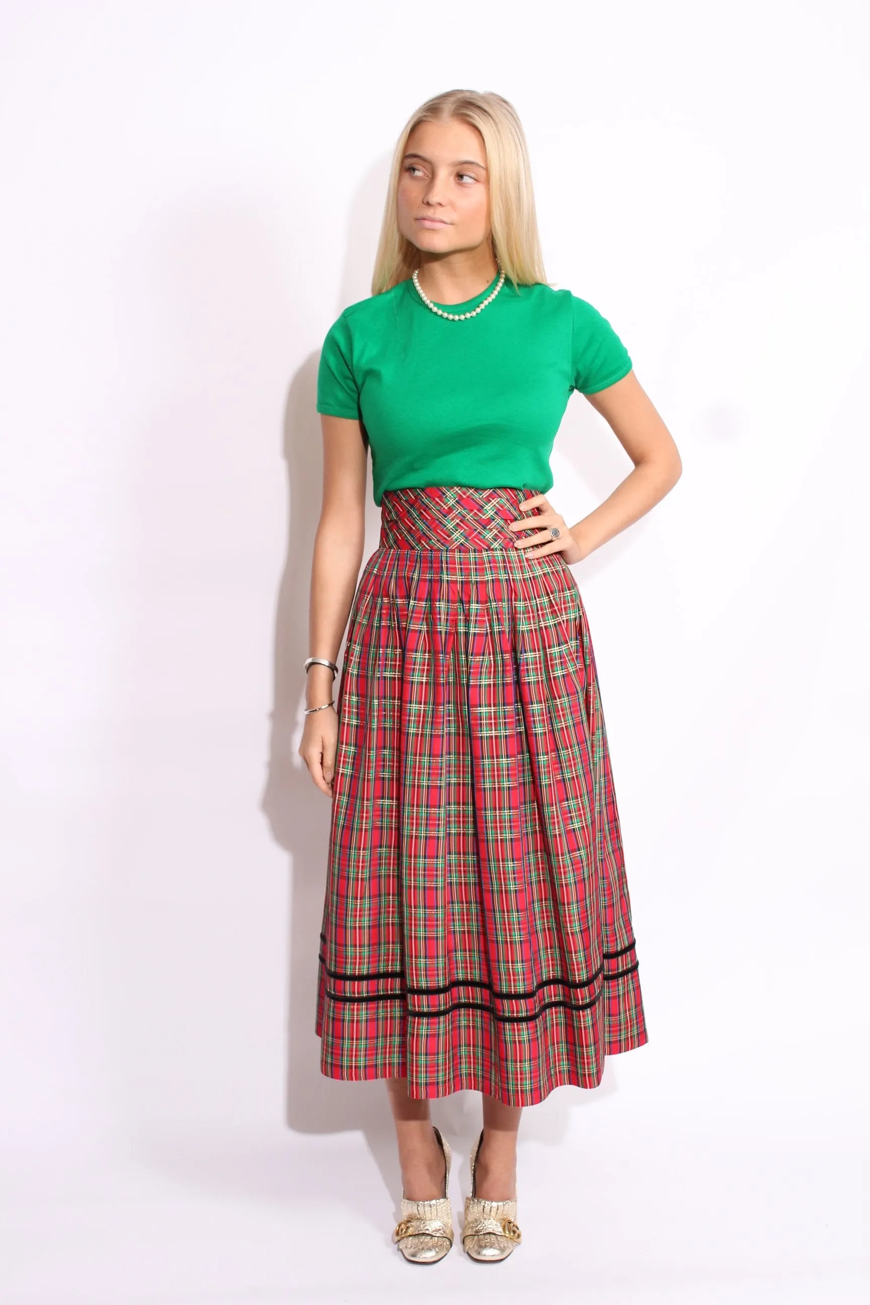 Tartan Full Midi Skirt Velvet Stripe