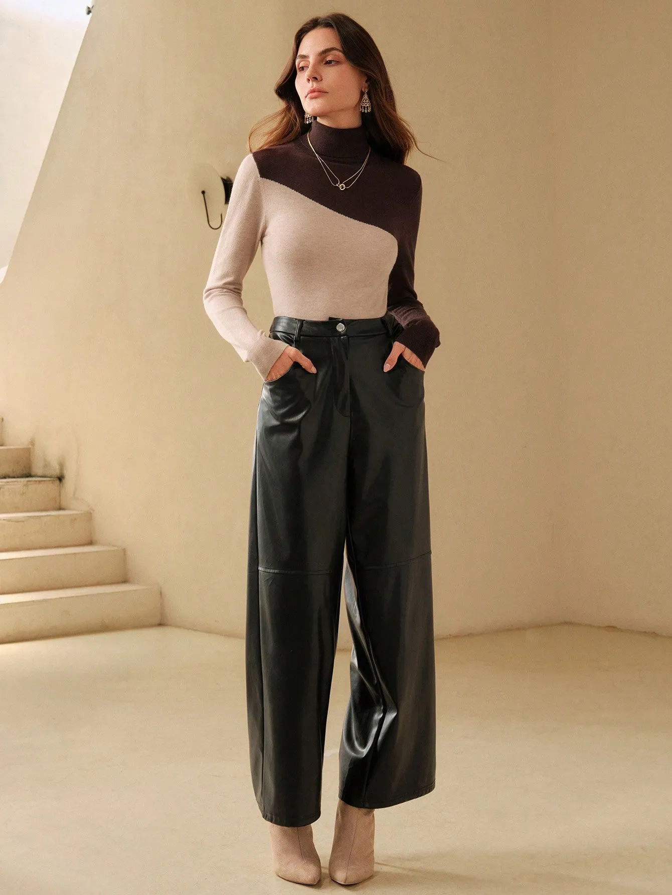 Turtleneck Color-Block Form-Fitting Ladies Sweater