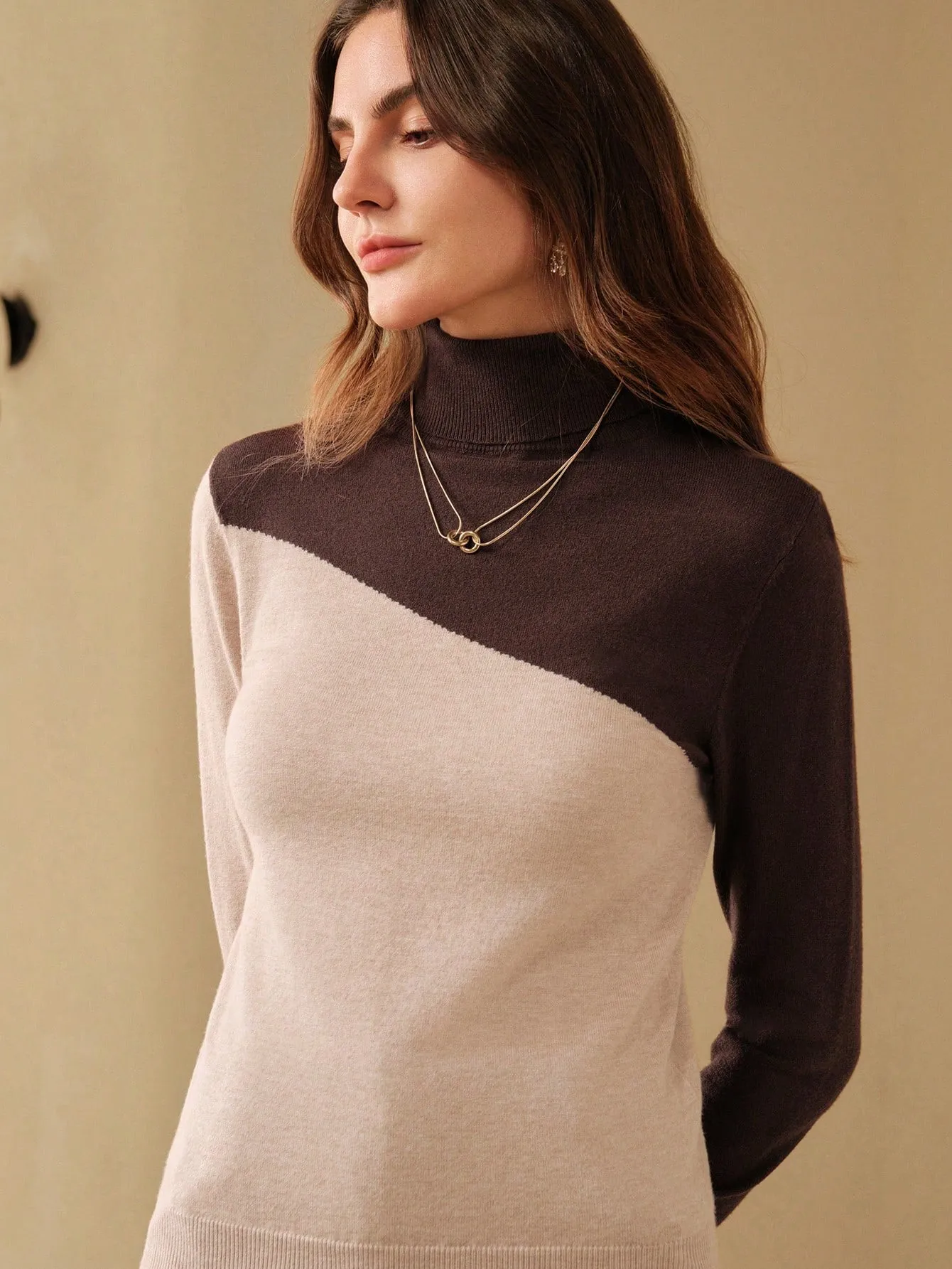 Turtleneck Color-Block Form-Fitting Ladies Sweater