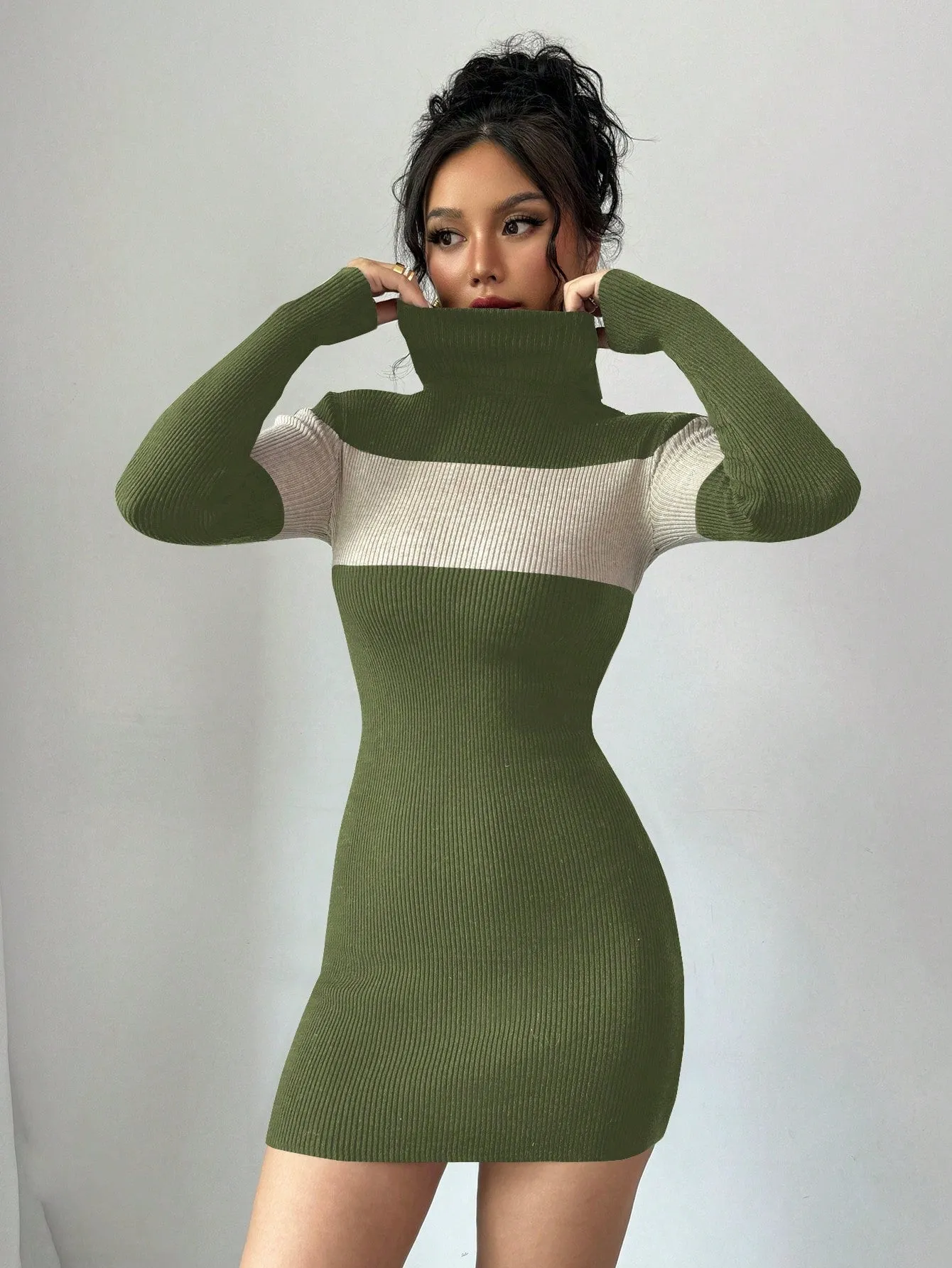 Turtleneck Sweater Dress, Colorblock Bodycon Elegant Knit Dress