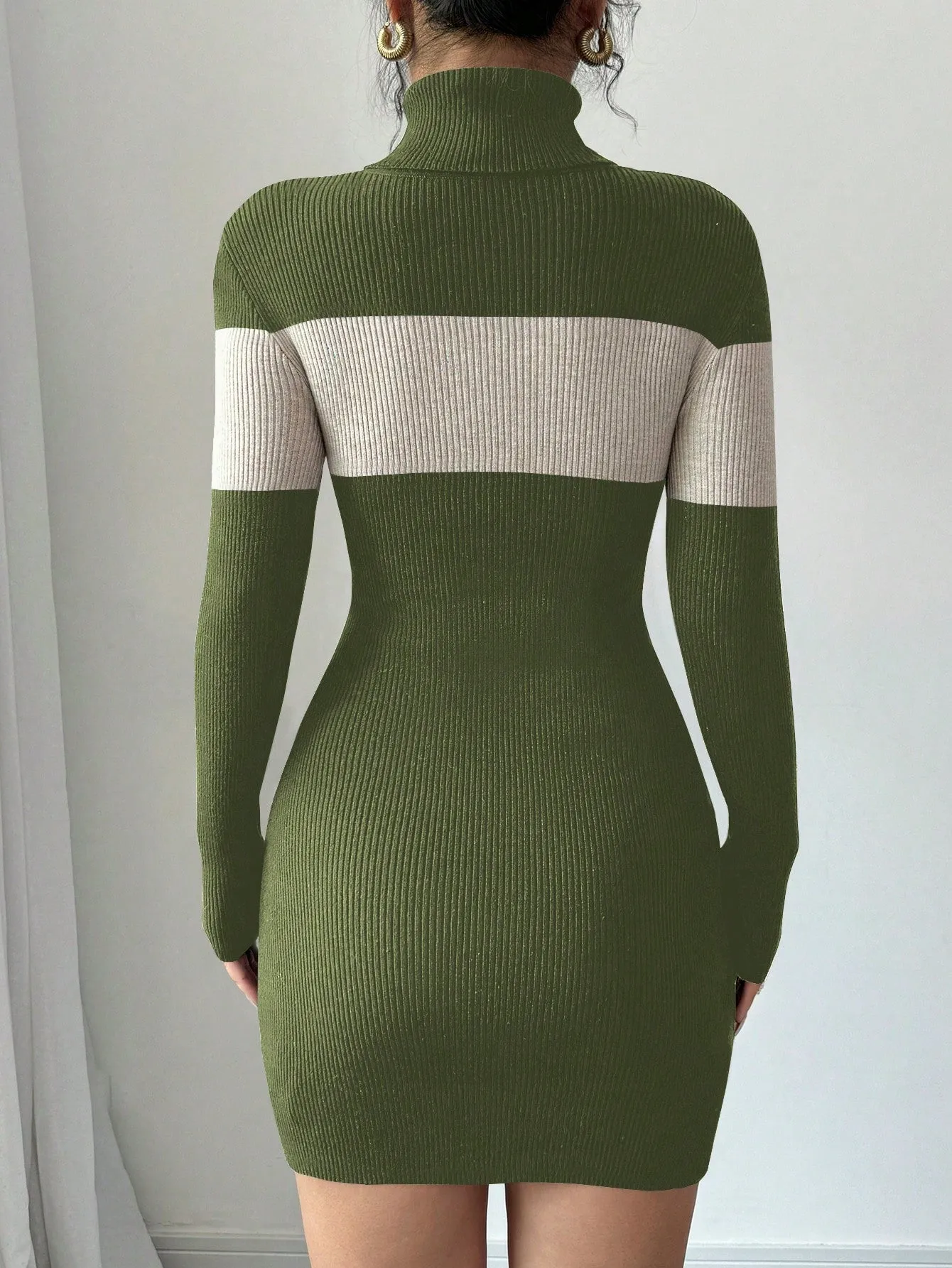 Turtleneck Sweater Dress, Colorblock Bodycon Elegant Knit Dress