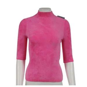 Turtleneck Sweater Small Pink Stretch Velvet Knit Short Sleeve