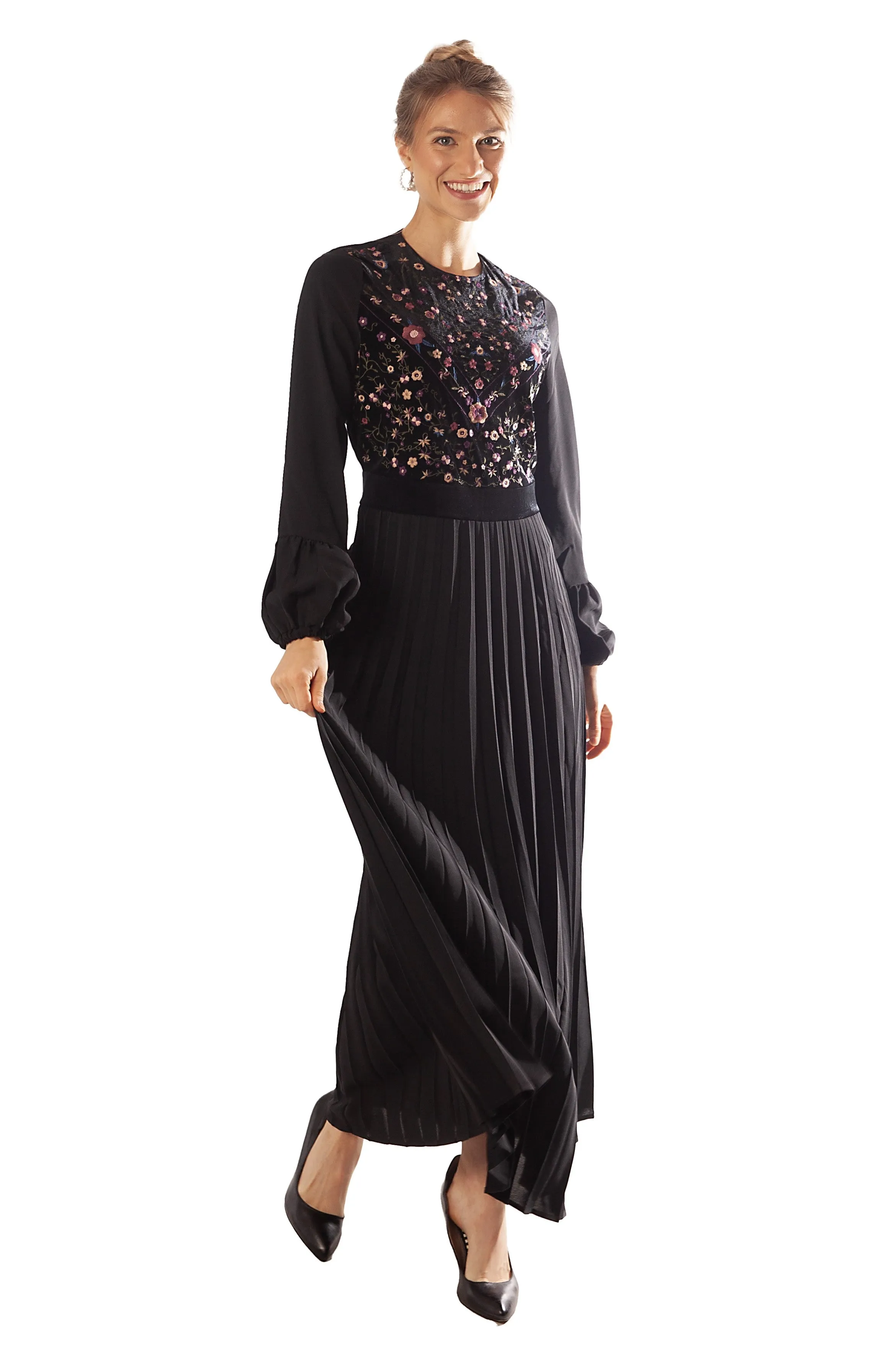 Velvet Bodice Pleated Skirt Dress