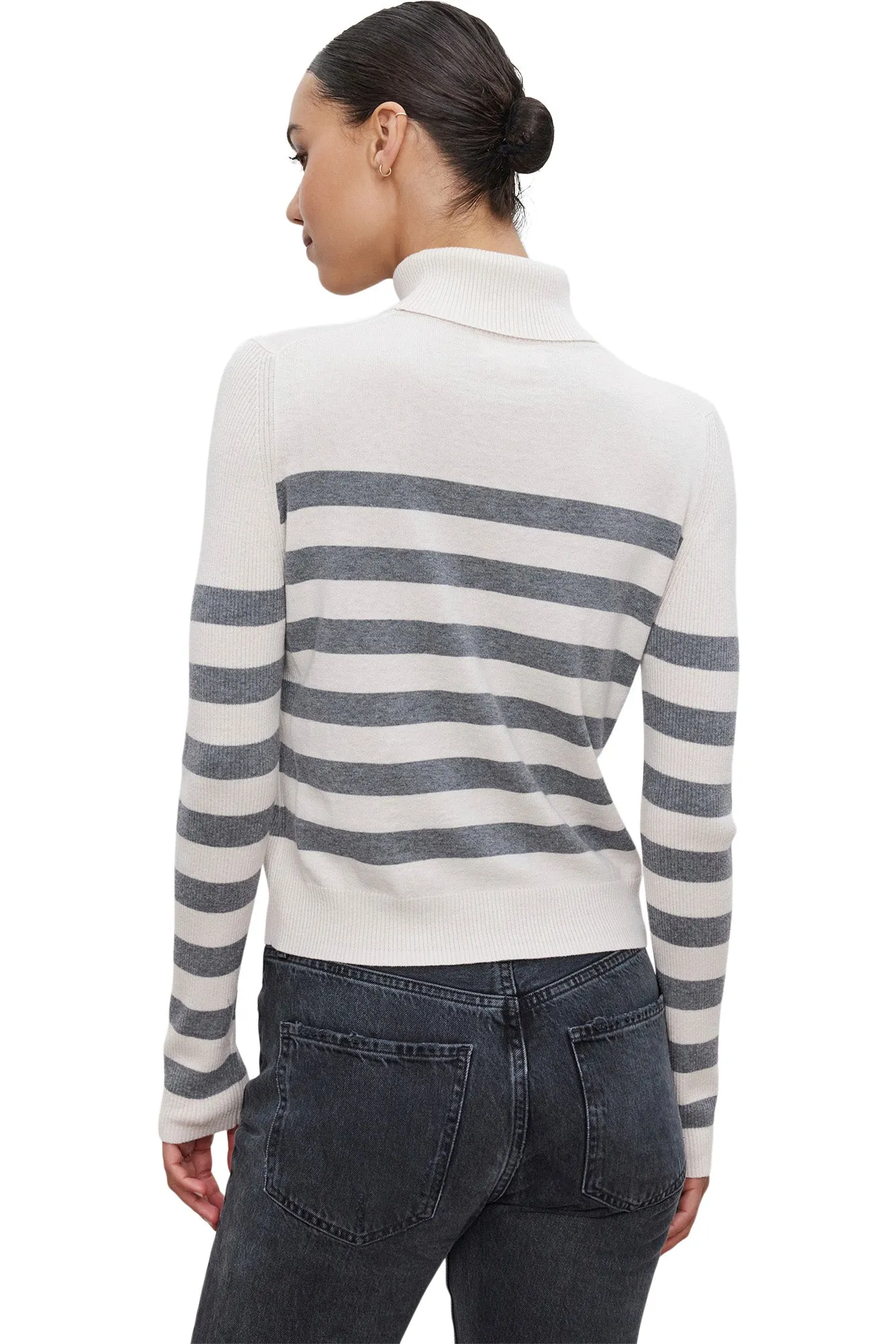 Velvet Korie Cashmere Striped Turtleneck Sweater in Chalk - Medium Heather Grey