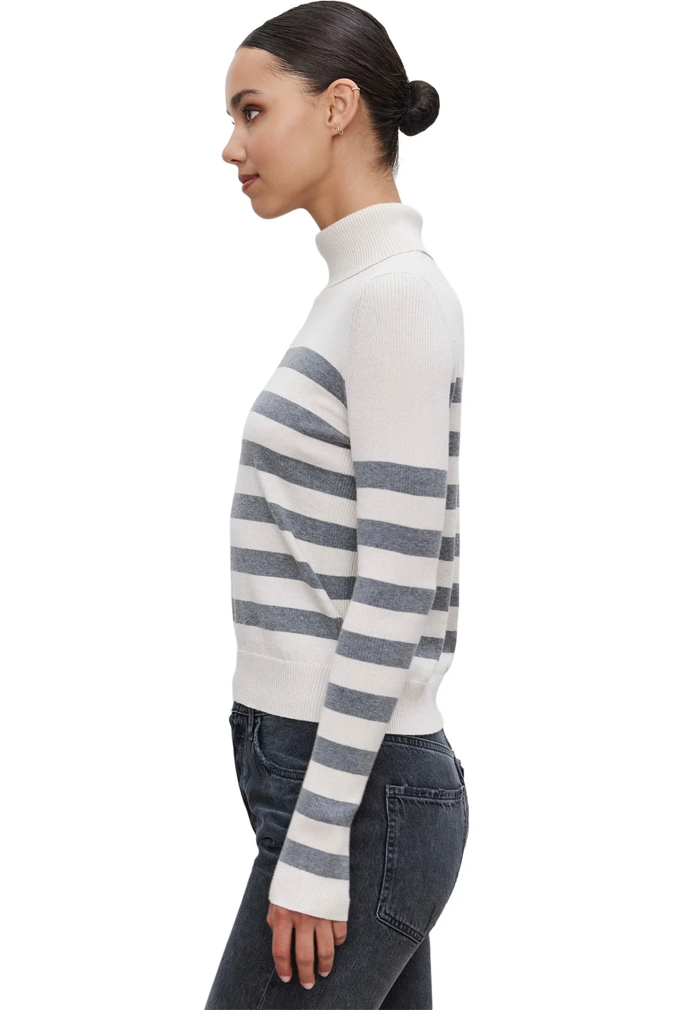 Velvet Korie Cashmere Striped Turtleneck Sweater in Chalk - Medium Heather Grey