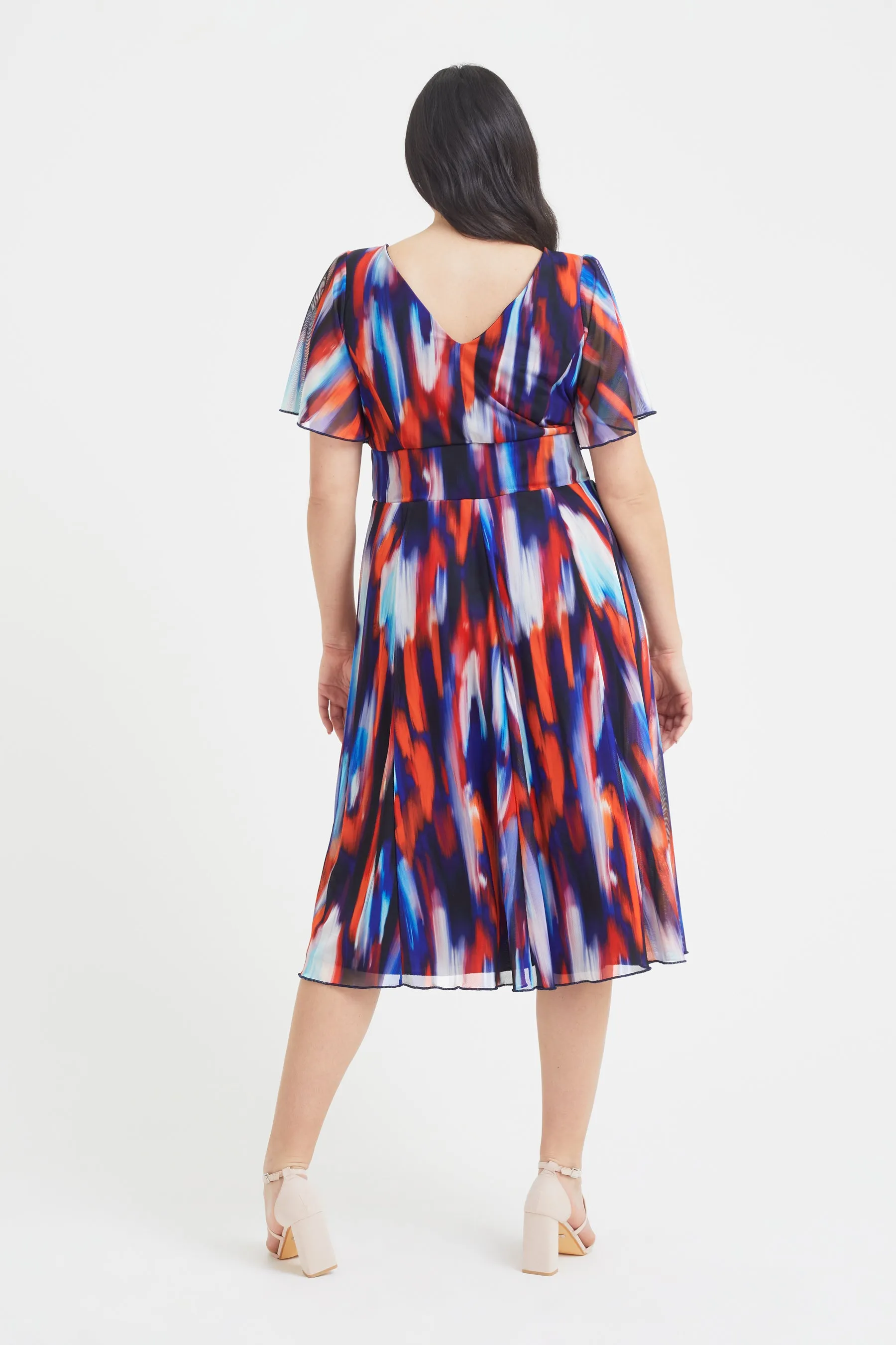 Victoria Indigo Ikat Angel Sleeve Mesh Long Midi Dress