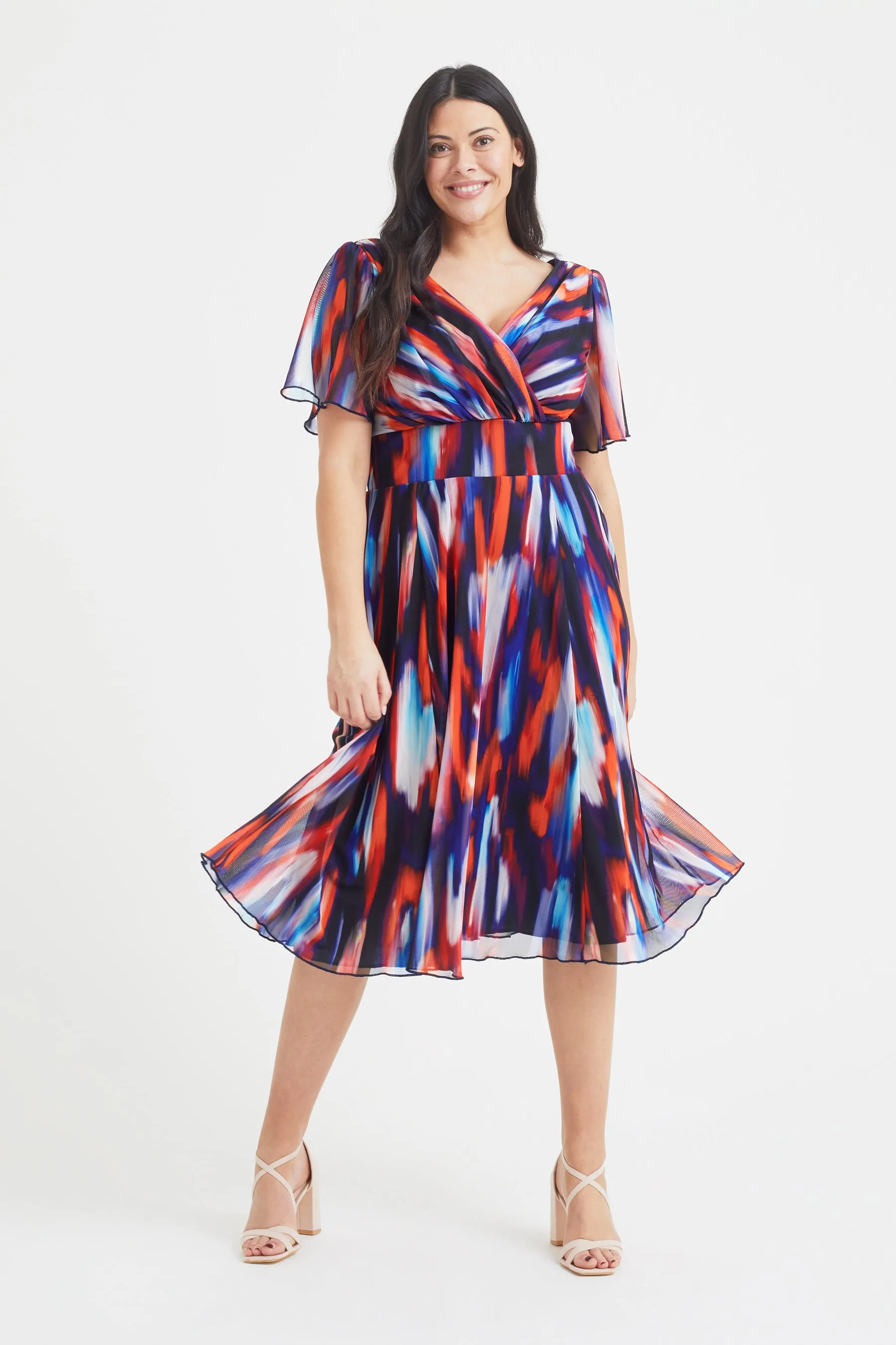 Victoria Indigo Ikat Angel Sleeve Mesh Long Midi Dress