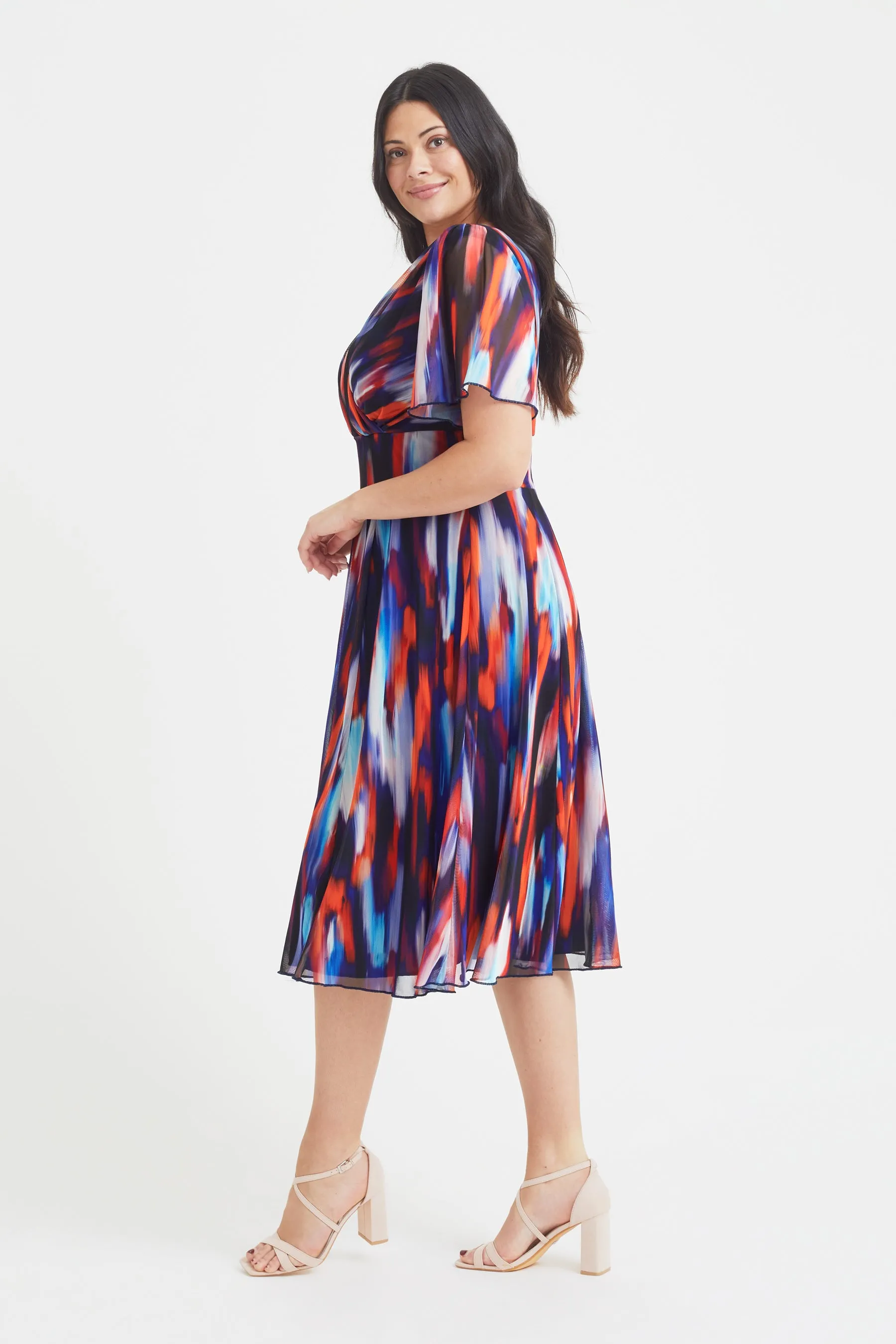 Victoria Indigo Ikat Angel Sleeve Mesh Long Midi Dress