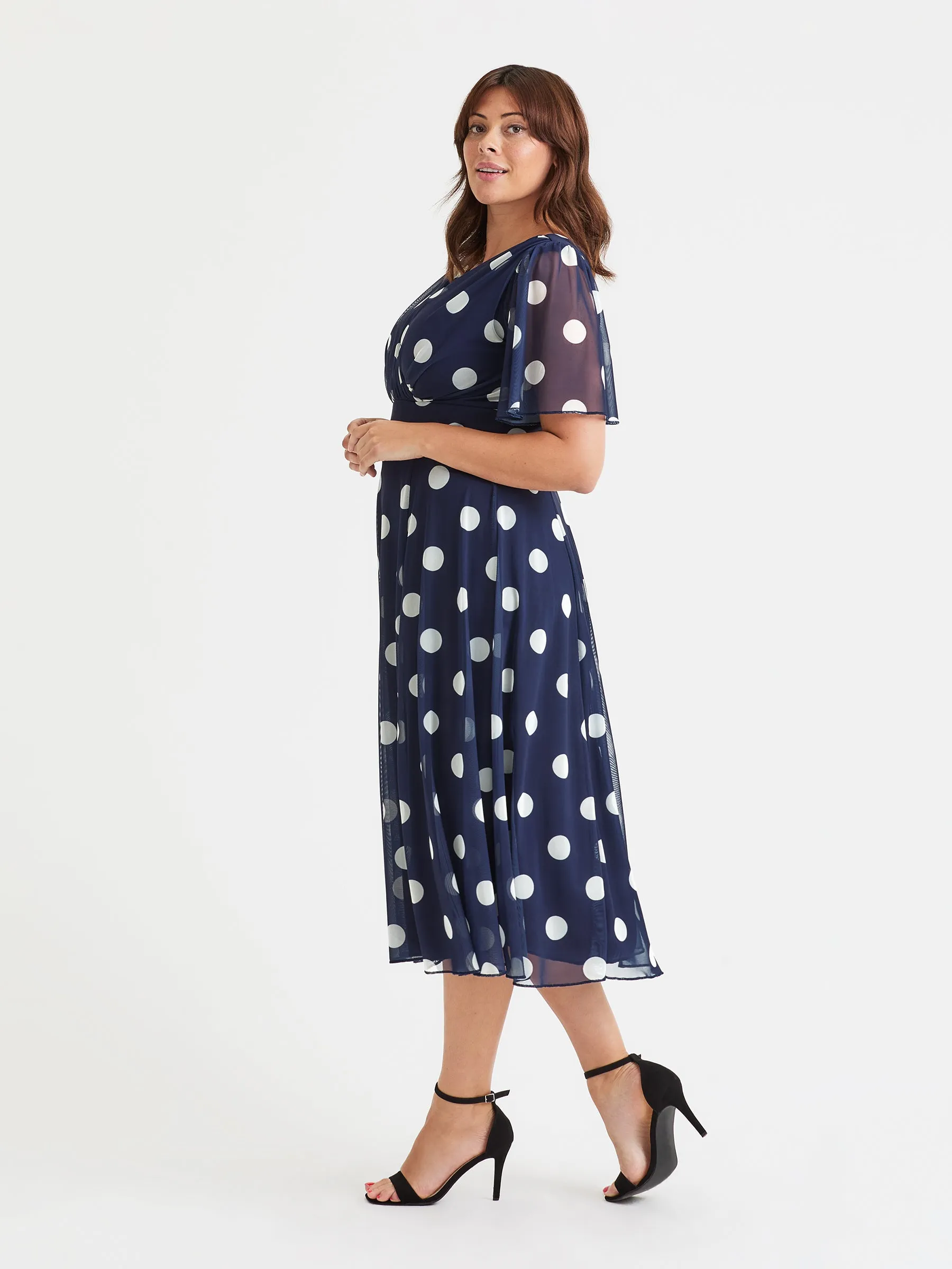 Victoria Navy Polka Angel Sleeve Mesh Long Midi Dress