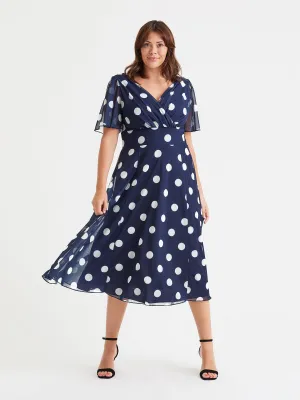 Victoria Navy Polka Angel Sleeve Mesh Long Midi Dress