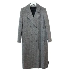 Vintage 80s 90s Alorna Herringbone Tweed Trench Coat Long Black Gray Overcoat Medium Large