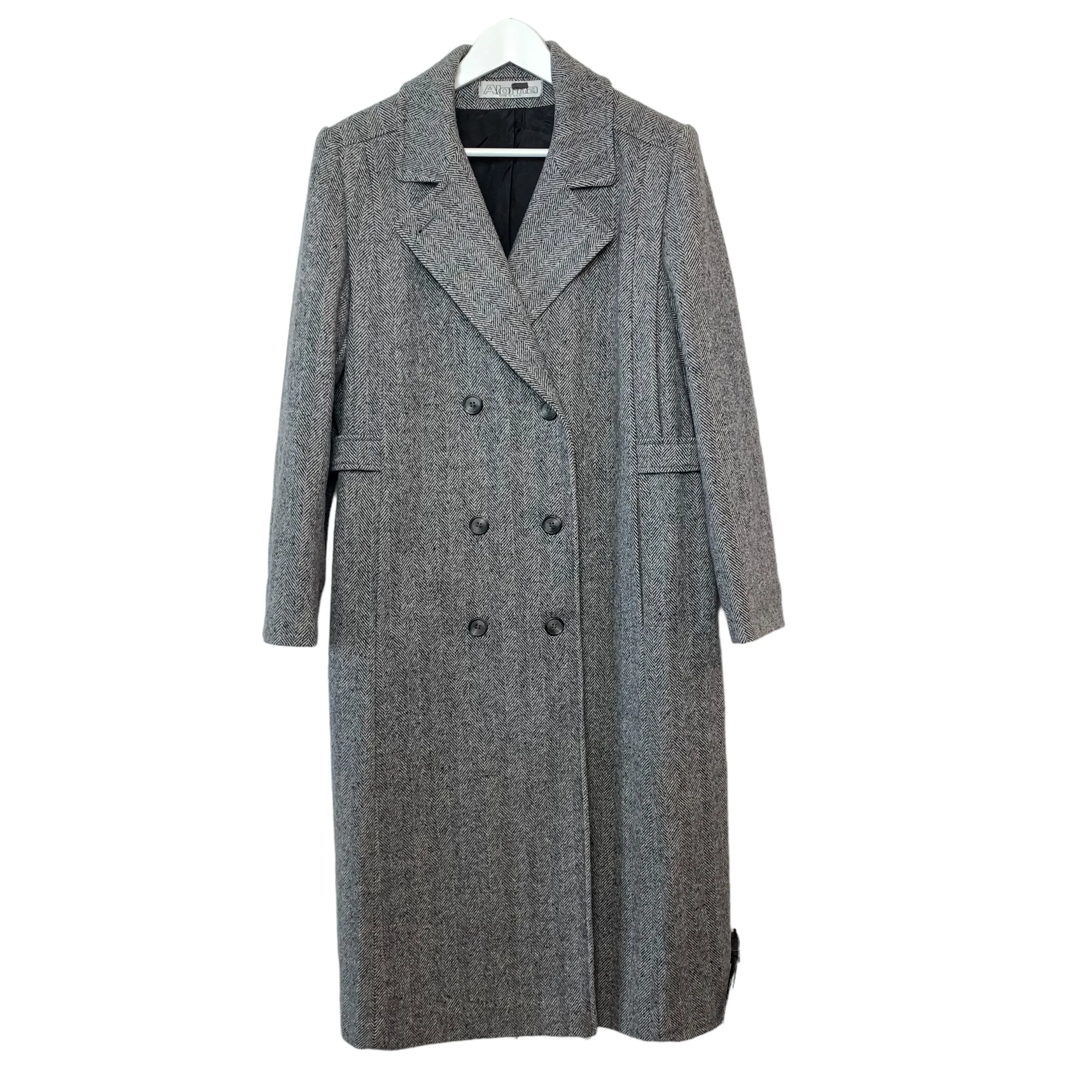 Vintage 80s 90s Alorna Herringbone Tweed Trench Coat Long Black Gray Overcoat Medium Large