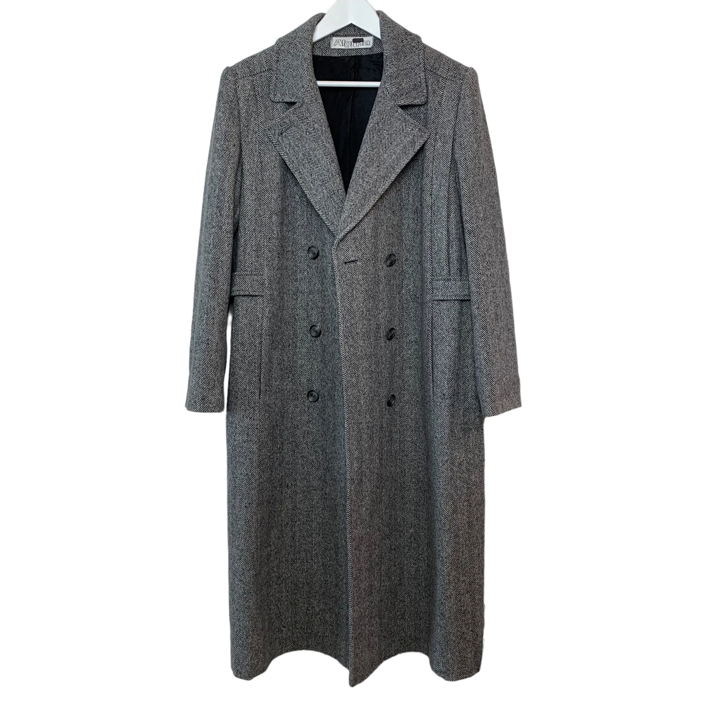 Vintage 80s 90s Alorna Herringbone Tweed Trench Coat Long Black Gray Overcoat Medium Large