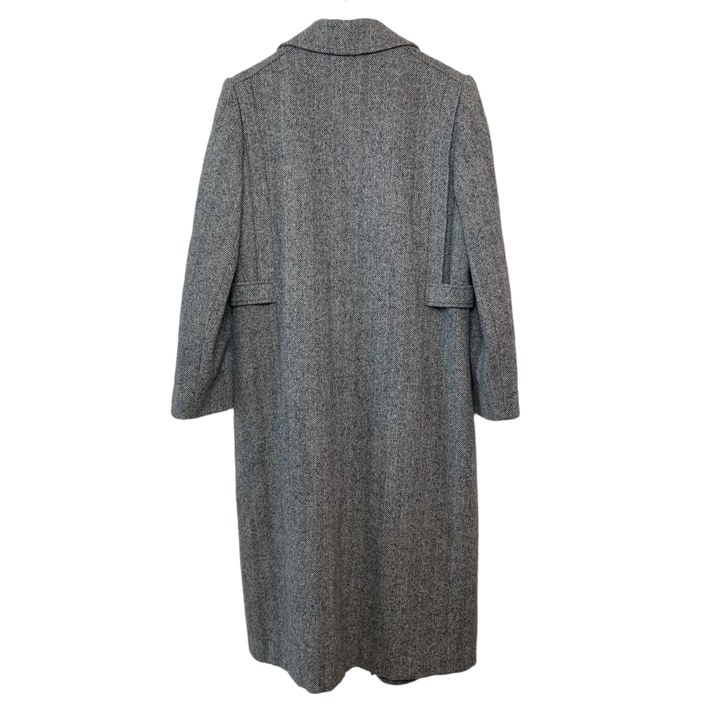 Vintage 80s 90s Alorna Herringbone Tweed Trench Coat Long Black Gray Overcoat Medium Large