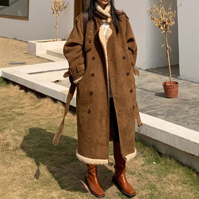 Vintage Cotton Jacket Women Autumn Winter Loose Mid Length Over The Knee Lamb Wool Padded Coat Parka