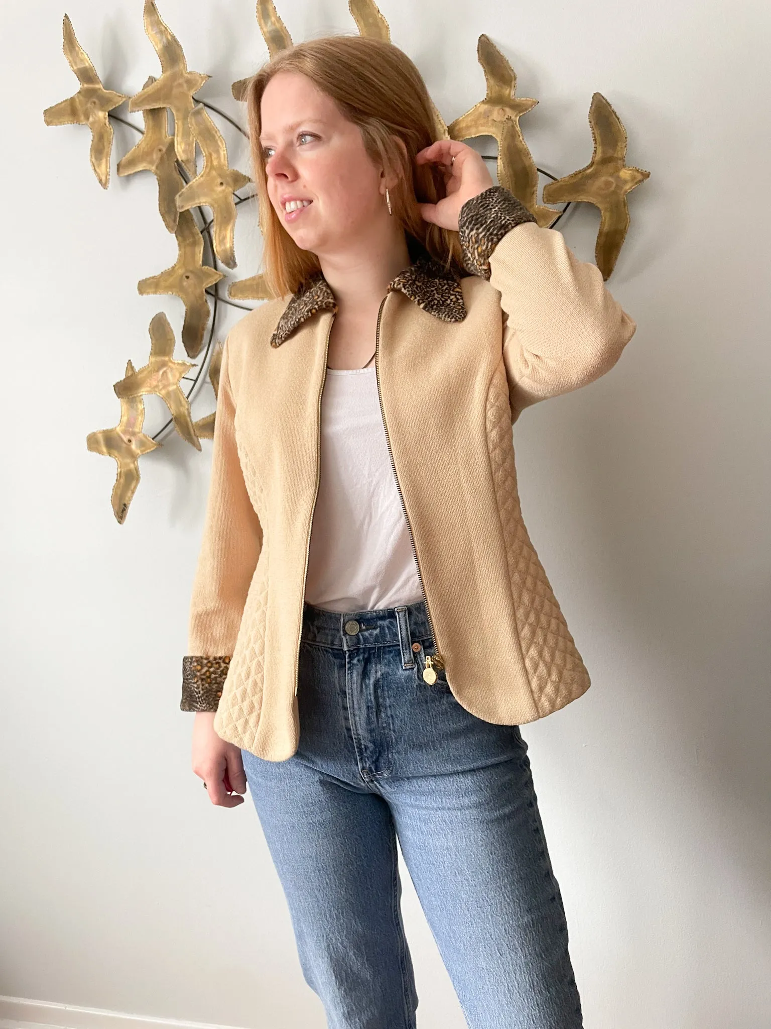 Vintage Mascara Beige Faux Animal Fur Trimmed Blazer - Size 8