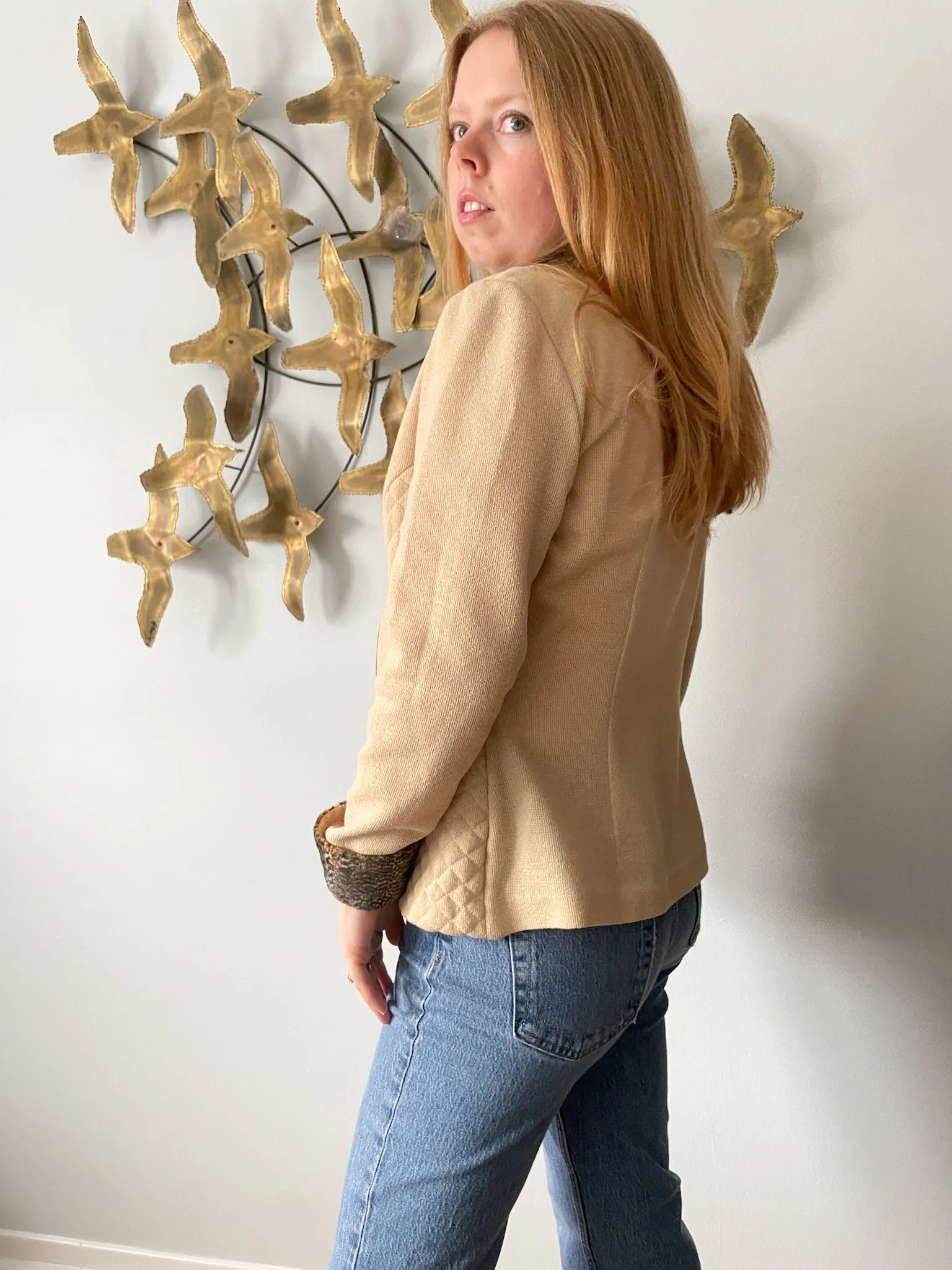 Vintage Mascara Beige Faux Animal Fur Trimmed Blazer - Size 8