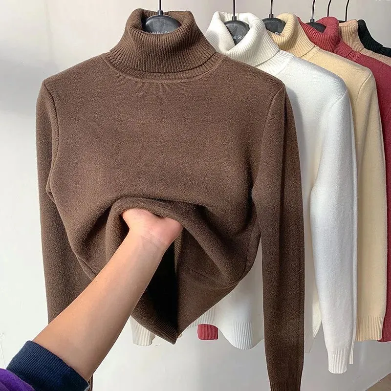 Winter Sweater Women Elegant Thicken Velvet Lined Warm Sweater Knitted Pullover Slim