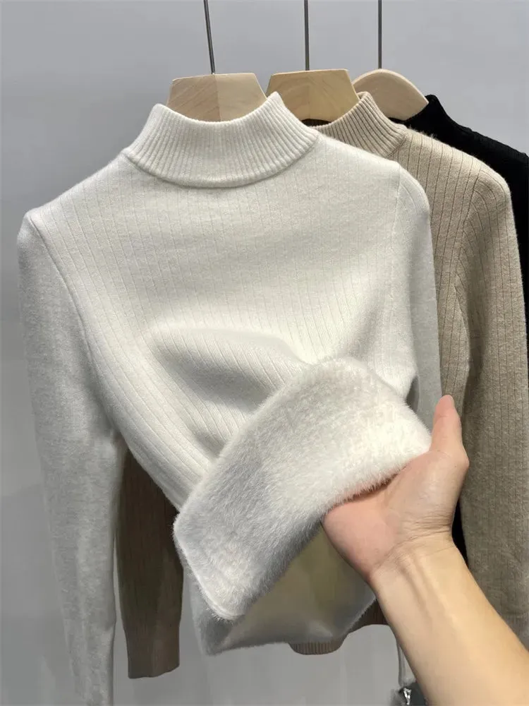 Winter Warm Sweater Pullover Women Slim Thicken Plush Velvet Lined Knitwear Jumper Korean Half Turtleneck  Soft Knit Tops