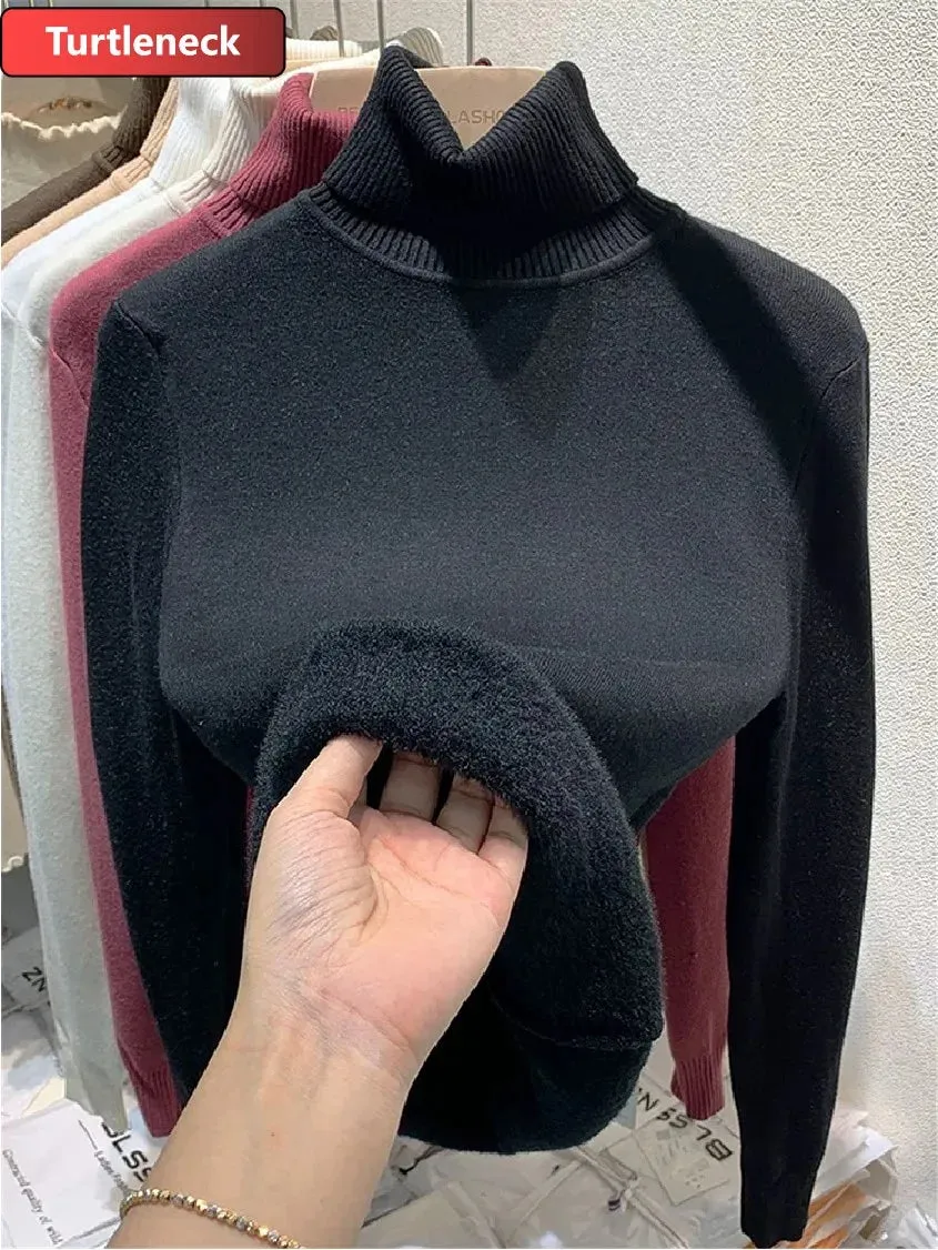 Winter Warm Sweater Pullover Women Slim Thicken Plush Velvet Lined Knitwear Jumper Korean Half Turtleneck  Soft Knit Tops