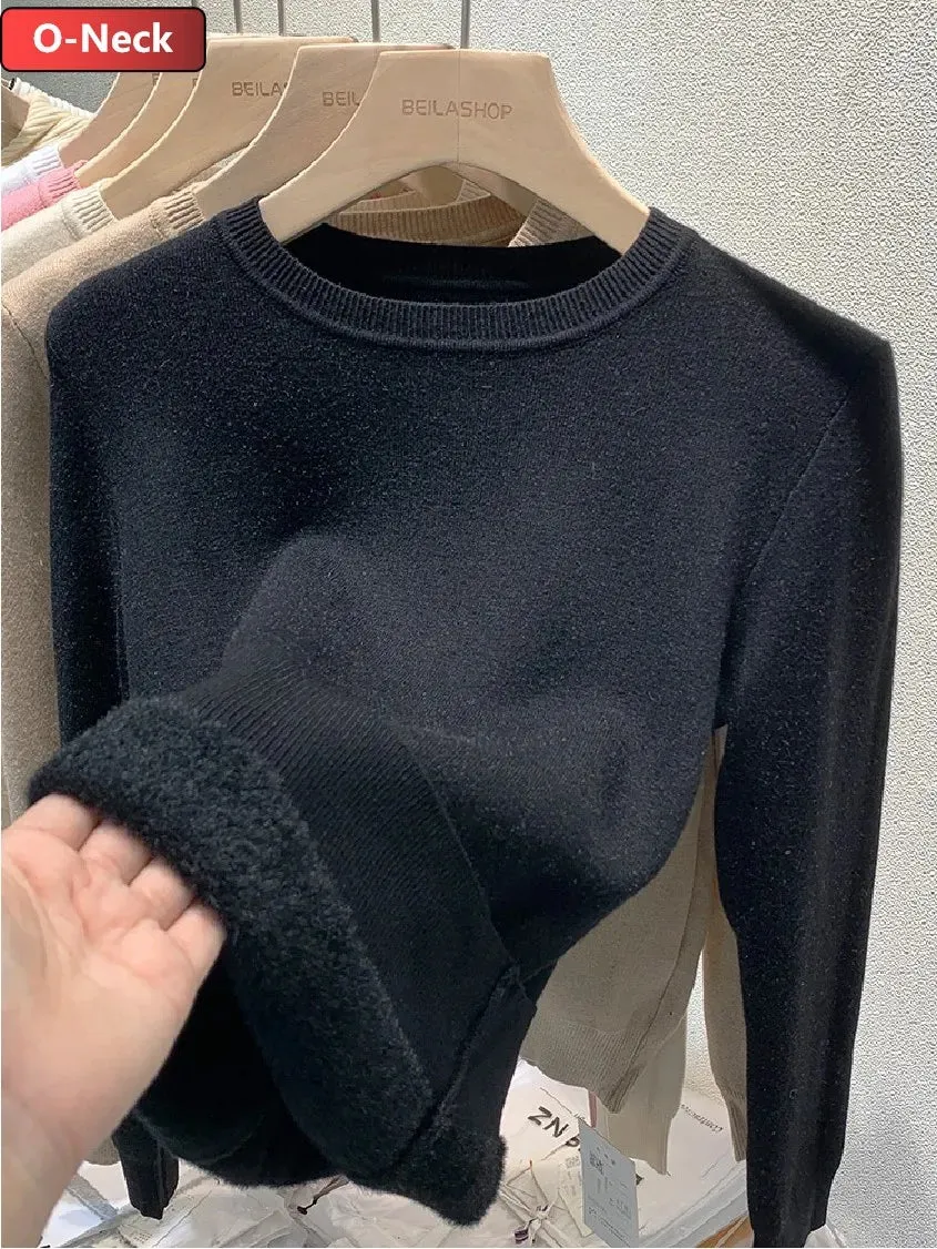 Winter Warm Sweater Pullover Women Slim Thicken Plush Velvet Lined Knitwear Jumper Korean Half Turtleneck  Soft Knit Tops