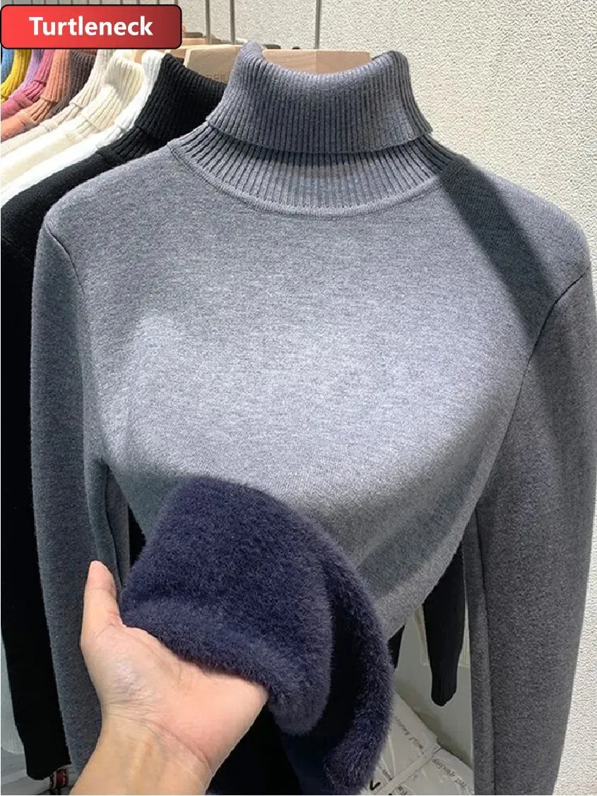 Winter Warm Sweater Pullover Women Slim Thicken Plush Velvet Lined Knitwear Jumper Korean Half Turtleneck  Soft Knit Tops