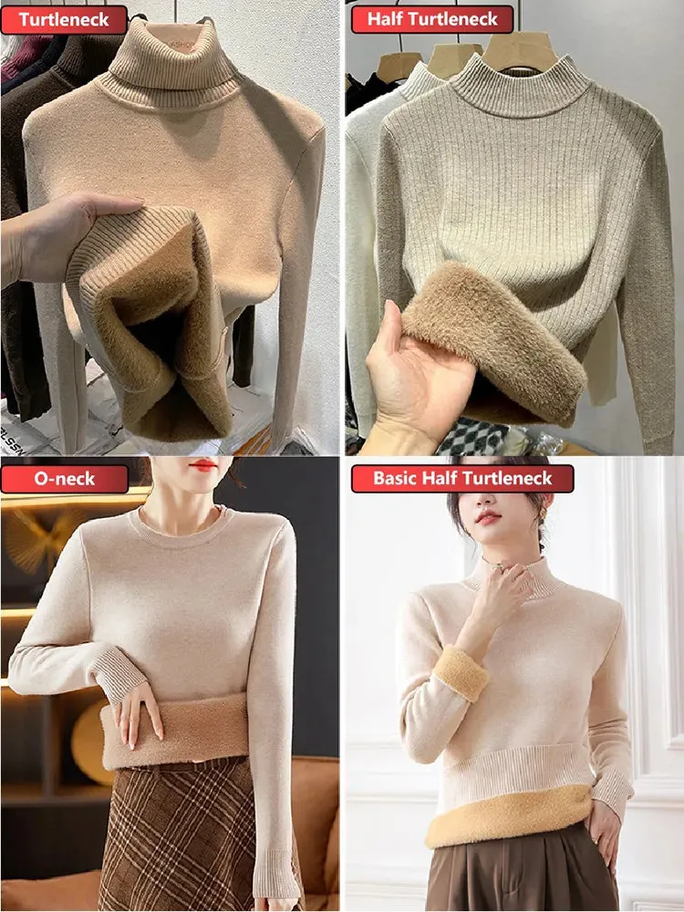 Winter Warm Sweater Pullover Women Slim Thicken Plush Velvet Lined Knitwear Jumper Korean Half Turtleneck  Soft Knit Tops