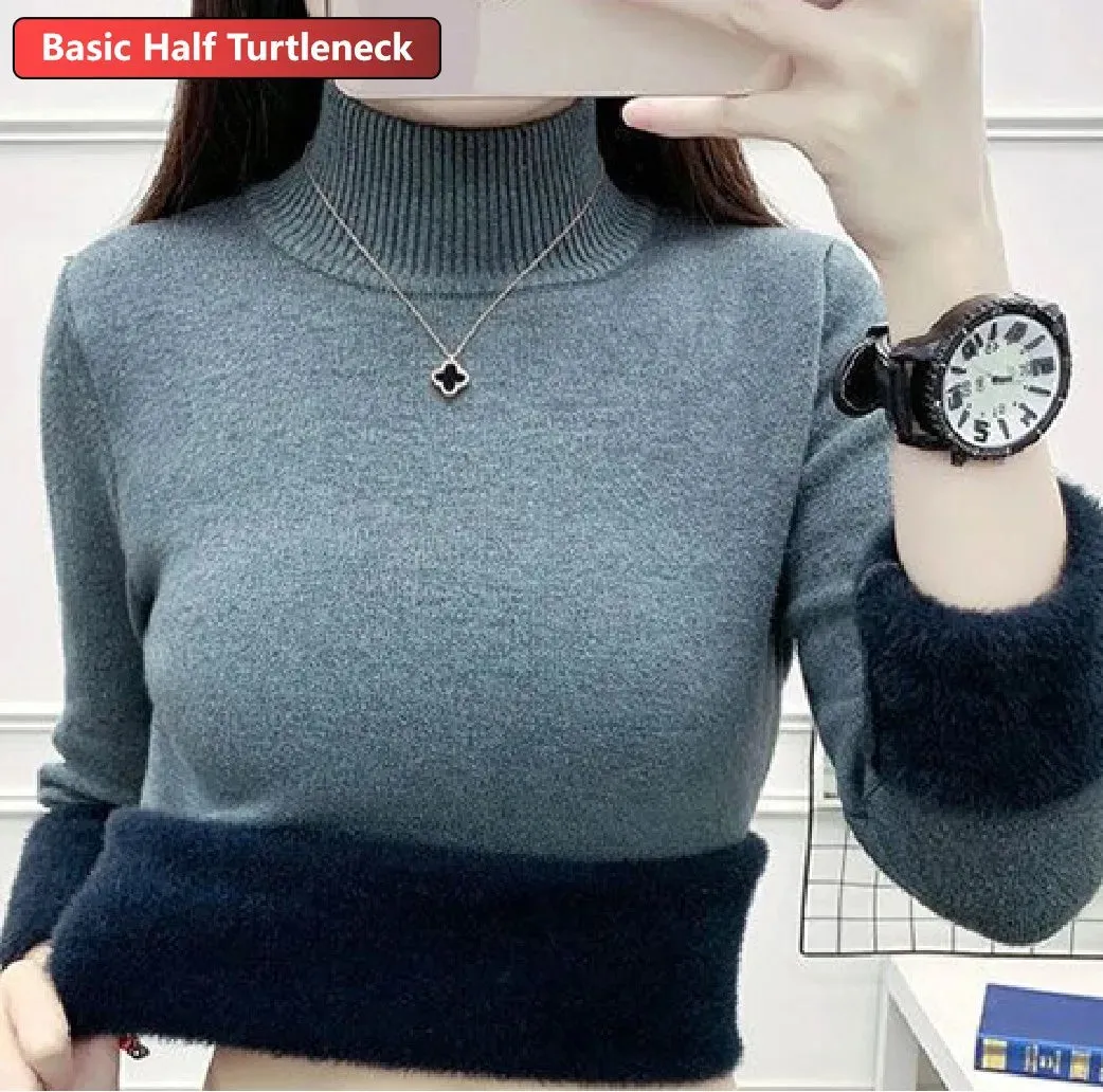 Winter Warm Sweater Pullover Women Slim Thicken Plush Velvet Lined Knitwear Jumper Korean Half Turtleneck  Soft Knit Tops