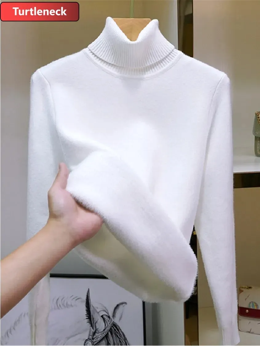 Winter Warm Sweater Pullover Women Slim Thicken Plush Velvet Lined Knitwear Jumper Korean Half Turtleneck  Soft Knit Tops