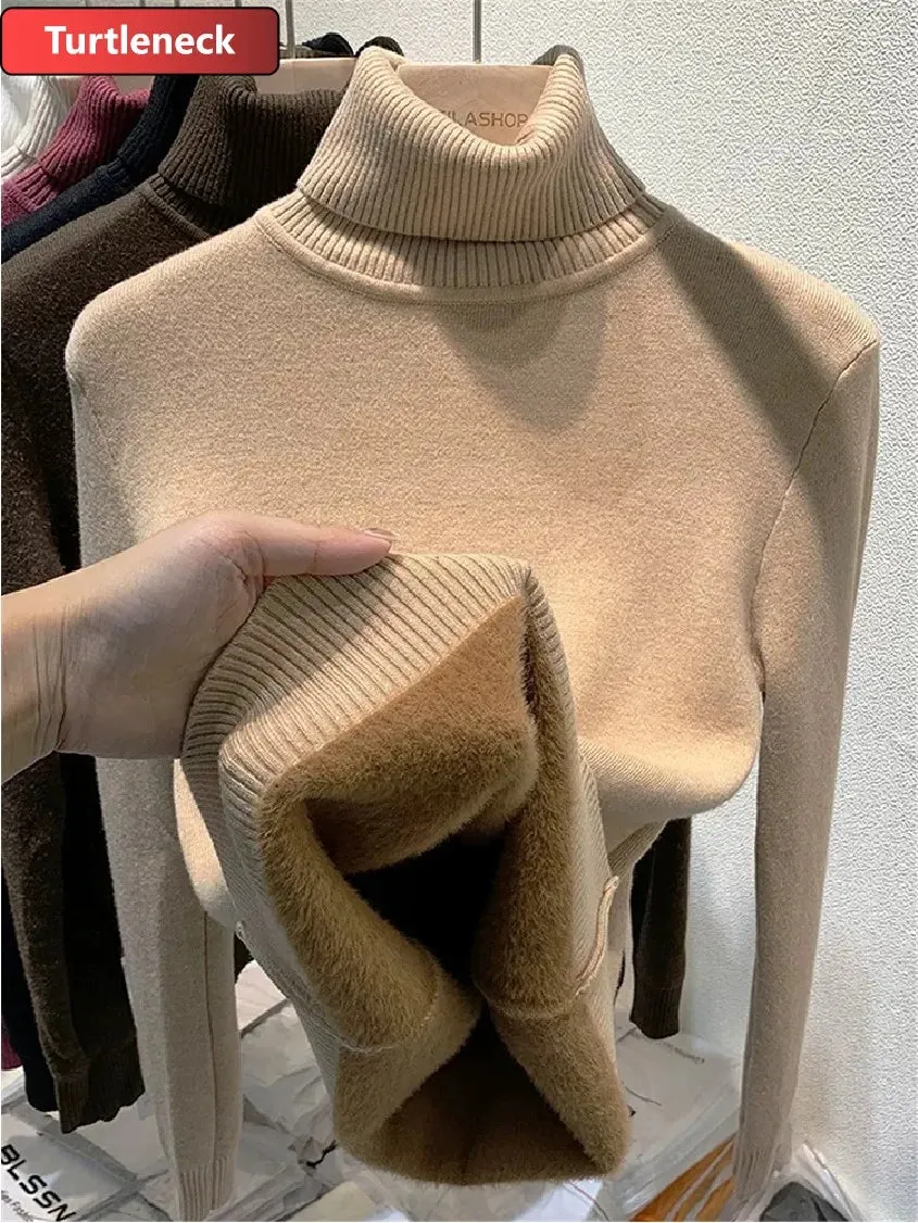 Winter Warm Sweater Pullover Women Slim Thicken Plush Velvet Lined Knitwear Jumper Korean Half Turtleneck  Soft Knit Tops