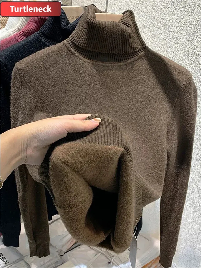 Winter Warm Sweater Pullover Women Slim Thicken Plush Velvet Lined Knitwear Jumper Korean Half Turtleneck  Soft Knit Tops