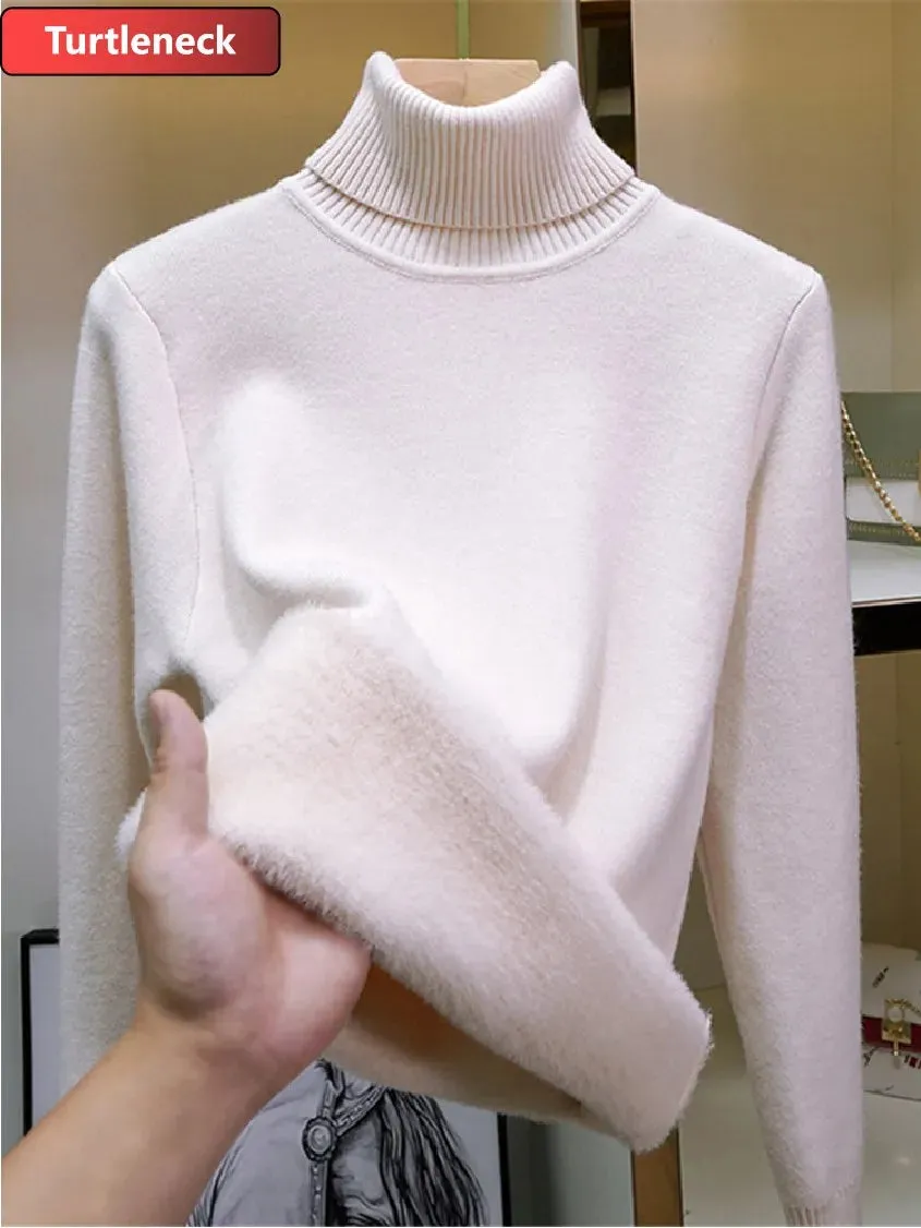 Winter Warm Sweater Pullover Women Slim Thicken Plush Velvet Lined Knitwear Jumper Korean Half Turtleneck  Soft Knit Tops