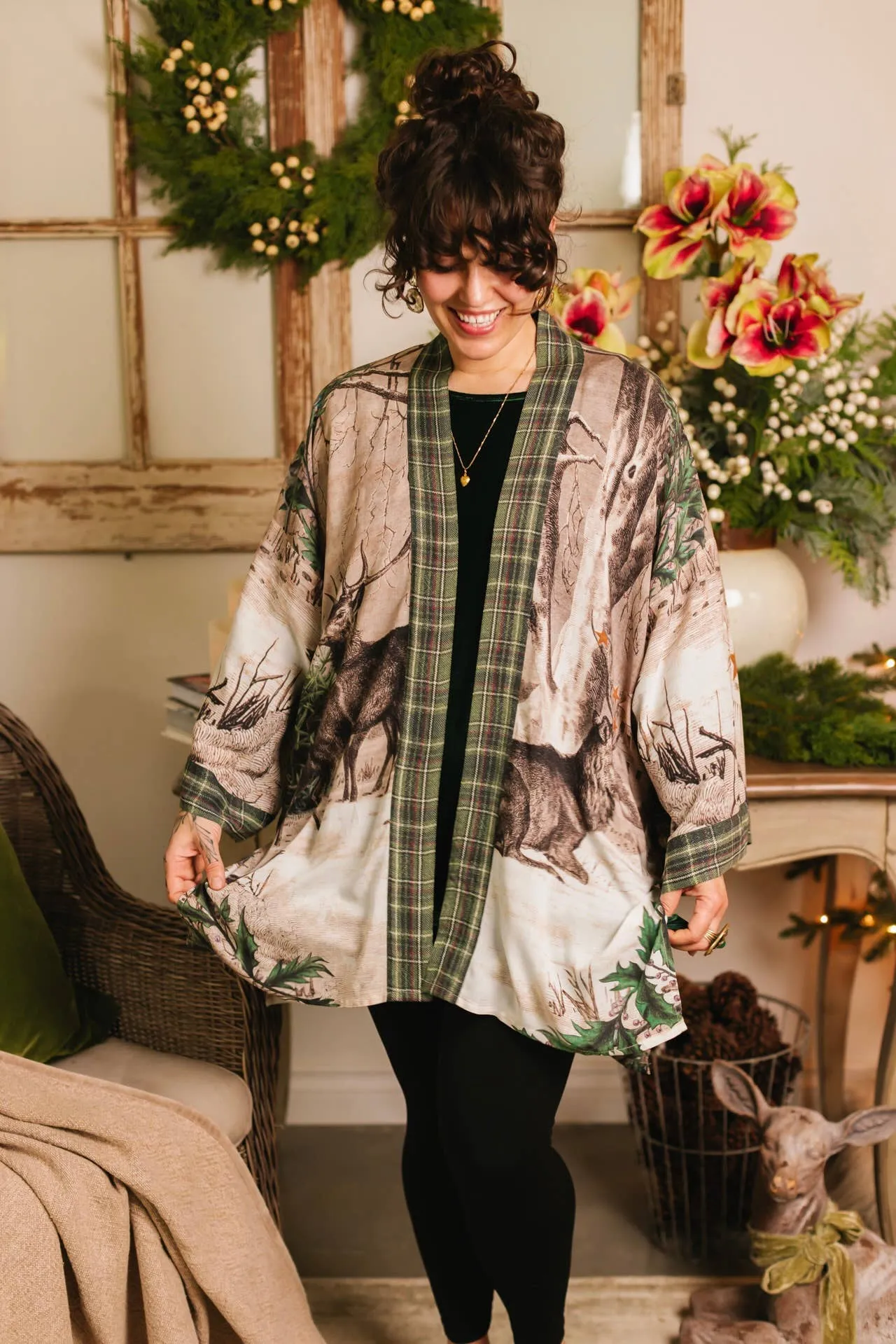 Winter Wish Christmas Plaid Cozy Fleece Kimono Cardigan