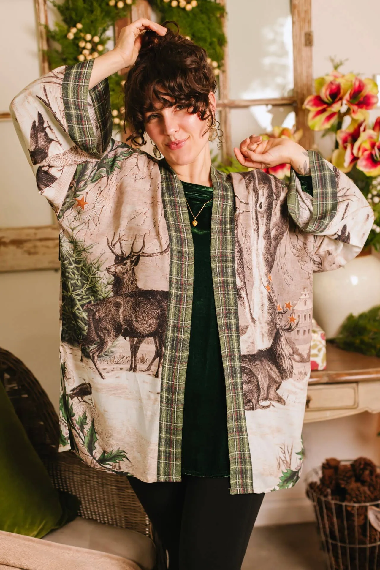 Winter Wish Christmas Plaid Cozy Fleece Kimono Cardigan