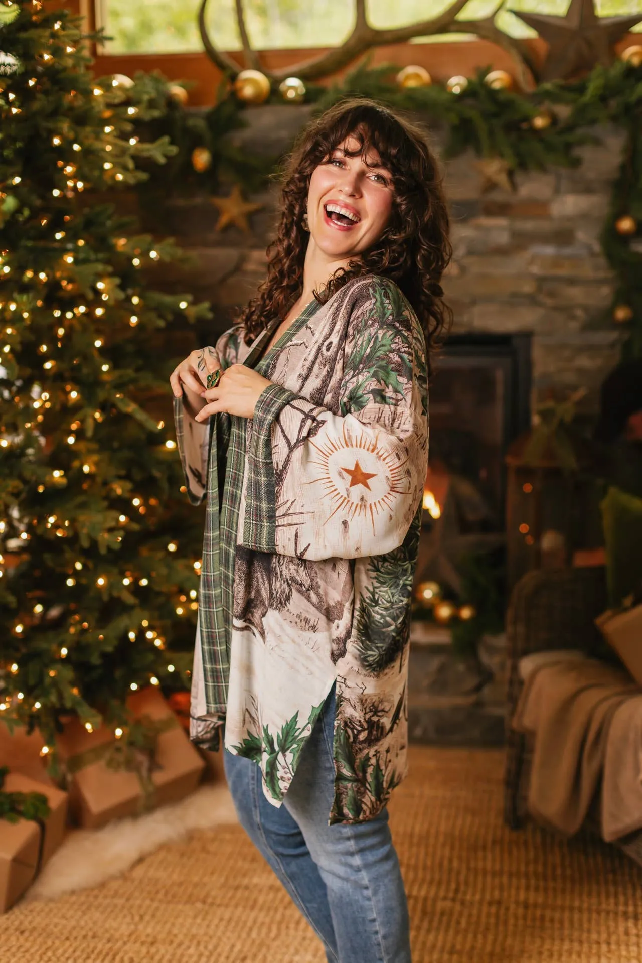 Winter Wish Christmas Plaid Cozy Fleece Kimono Cardigan