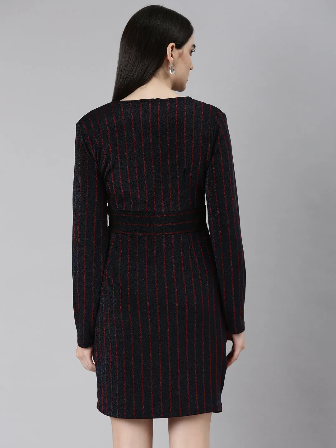 Women Navy Blue Striped Wrap Dress