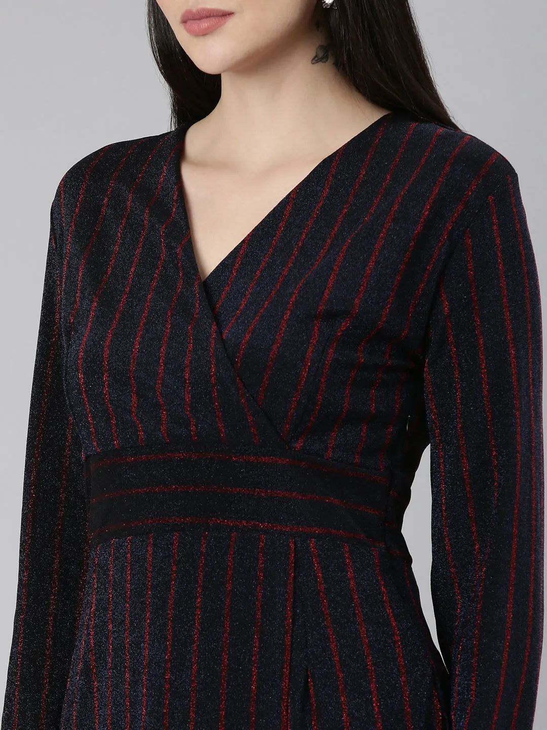 Women Navy Blue Striped Wrap Dress