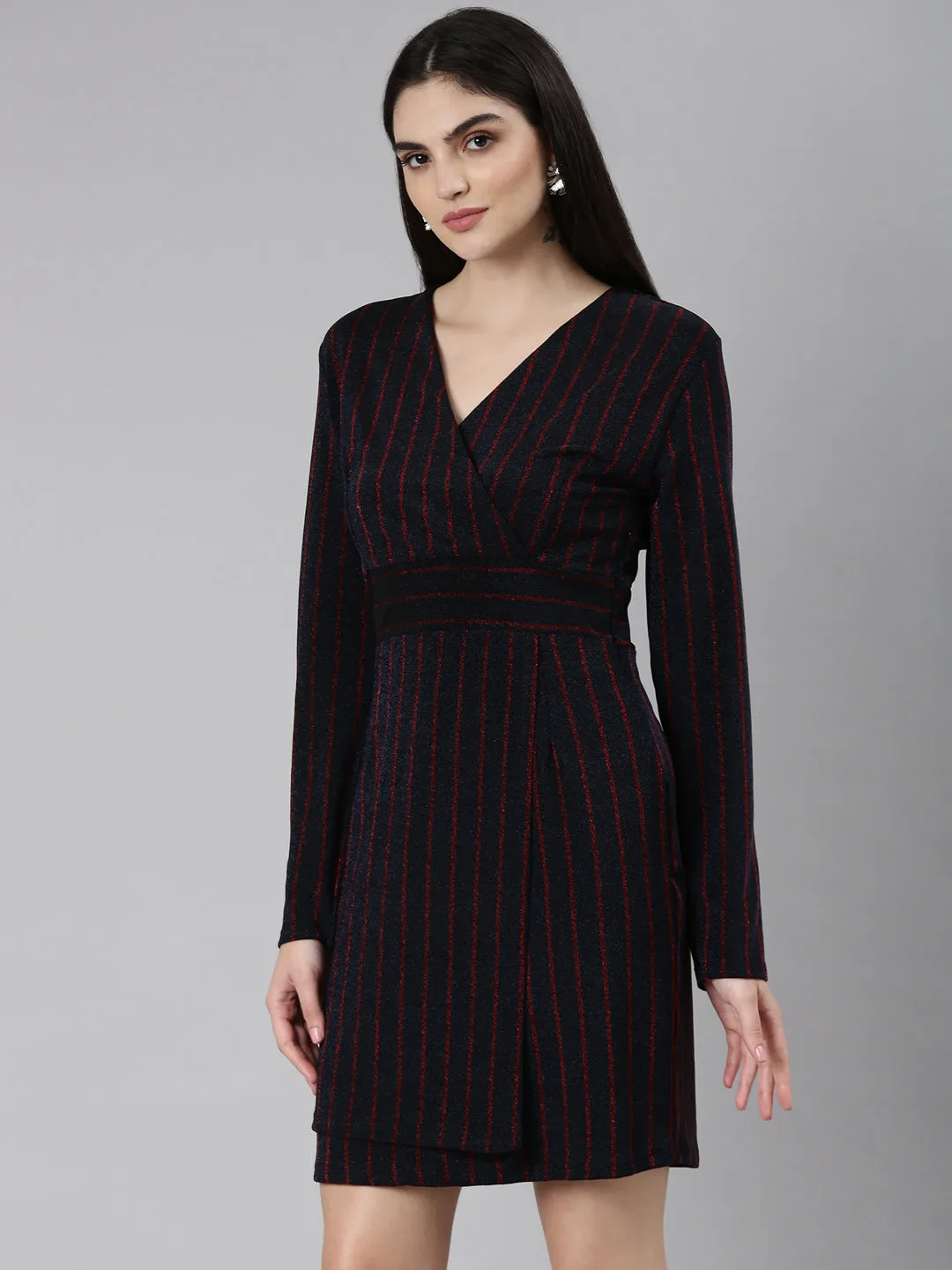 Women Navy Blue Striped Wrap Dress