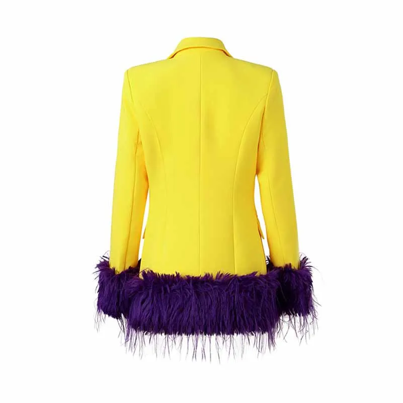 Women Purple Faux Fur Trim Mid-Length Yellow Blazer Coat Stage Performance Jacket