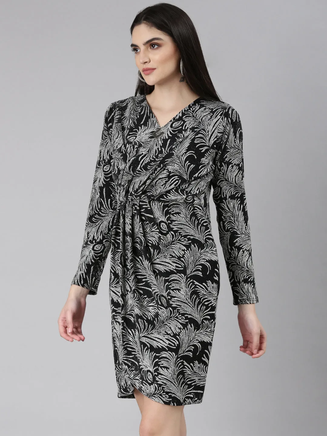 Women Silver Tropical Wrap Dress