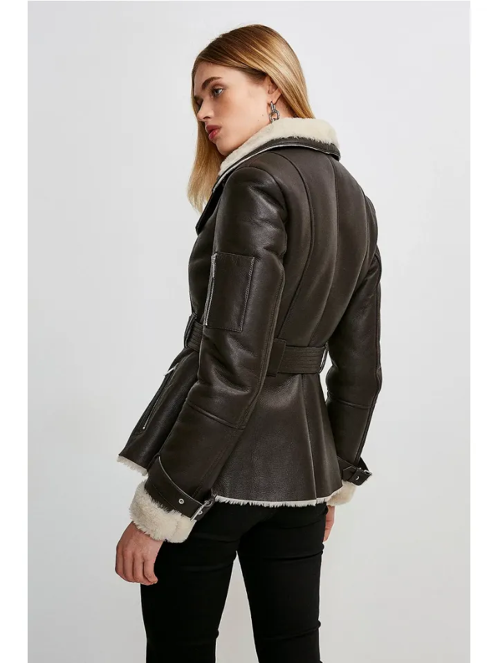 Women’s Dark Brown Leather White Shearling Coat Jacket