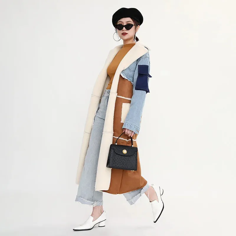 Women's Elegant Denim and Woolen Long Coat