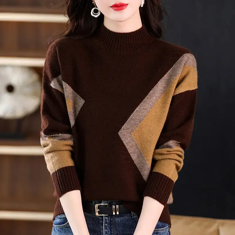 Women's Half Turtleneck Loose-fitting Versatile Sweater Color Matching Knitted Bottoming Shirt