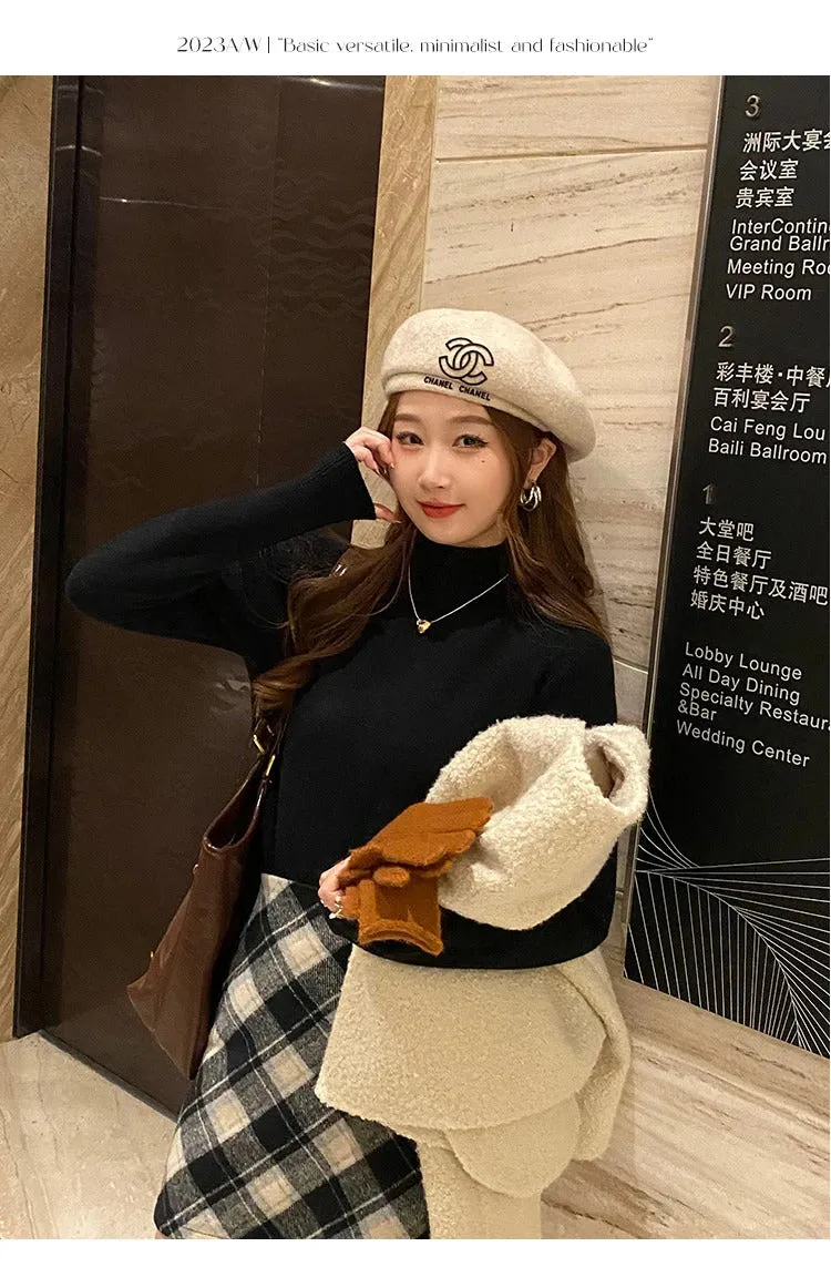 Women's Turtleneck Sweater Winter 2024 Retro Red with Velvet Lining Thickened Inner Wear Thermal Knitting Bottoming Shirt