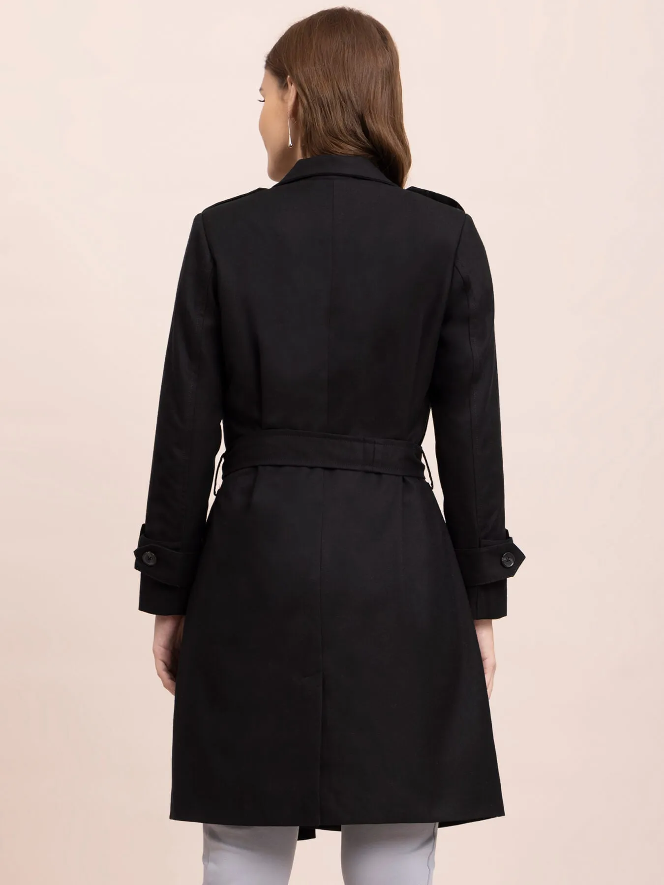 Wool Blend Double Breasted Long Trench - Black