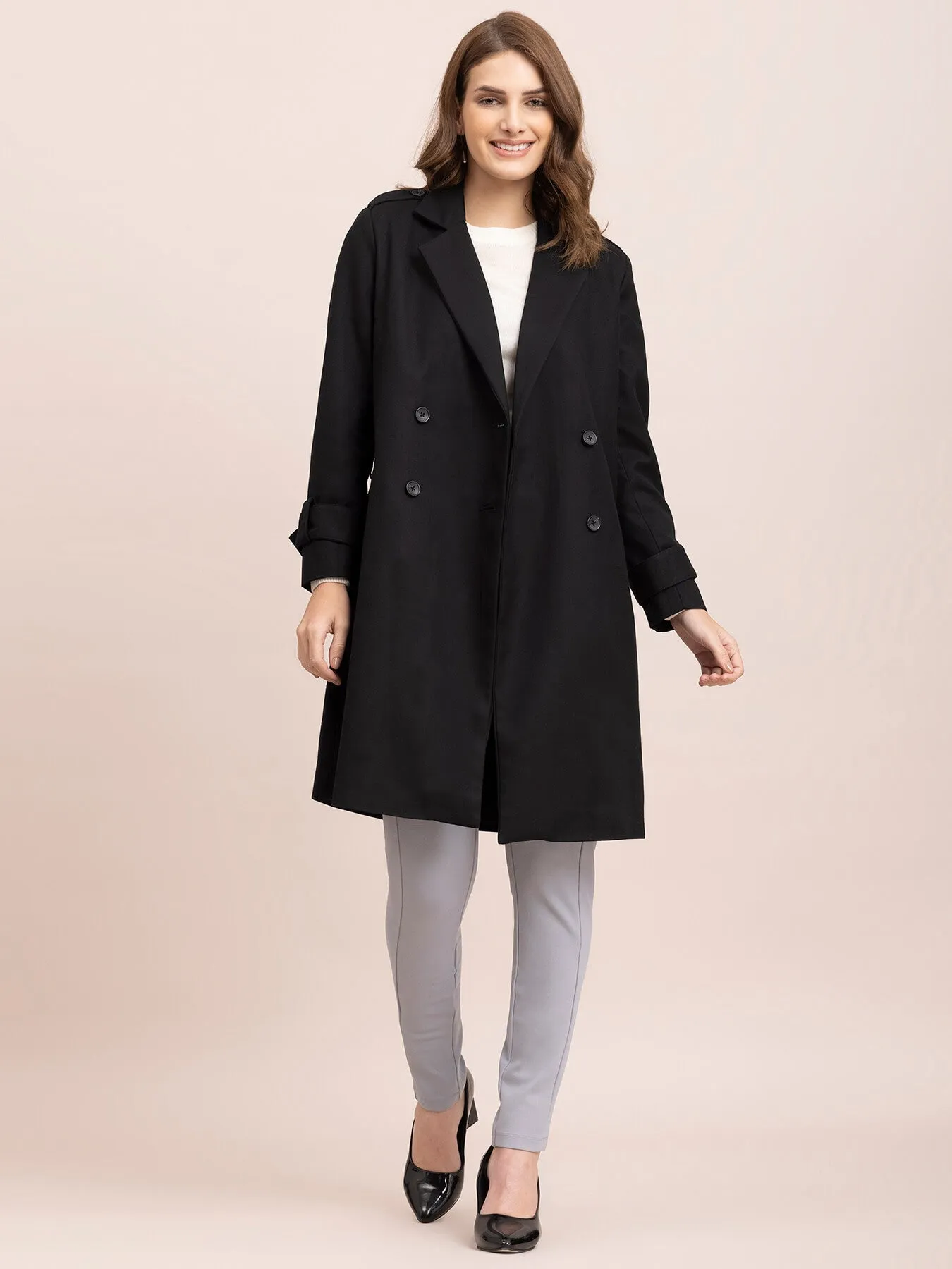 Wool Blend Double Breasted Long Trench - Black