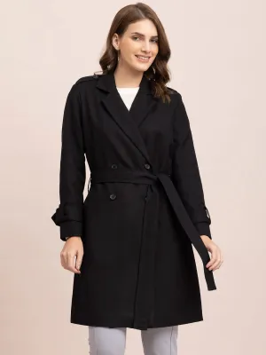 Wool Blend Double Breasted Long Trench - Black