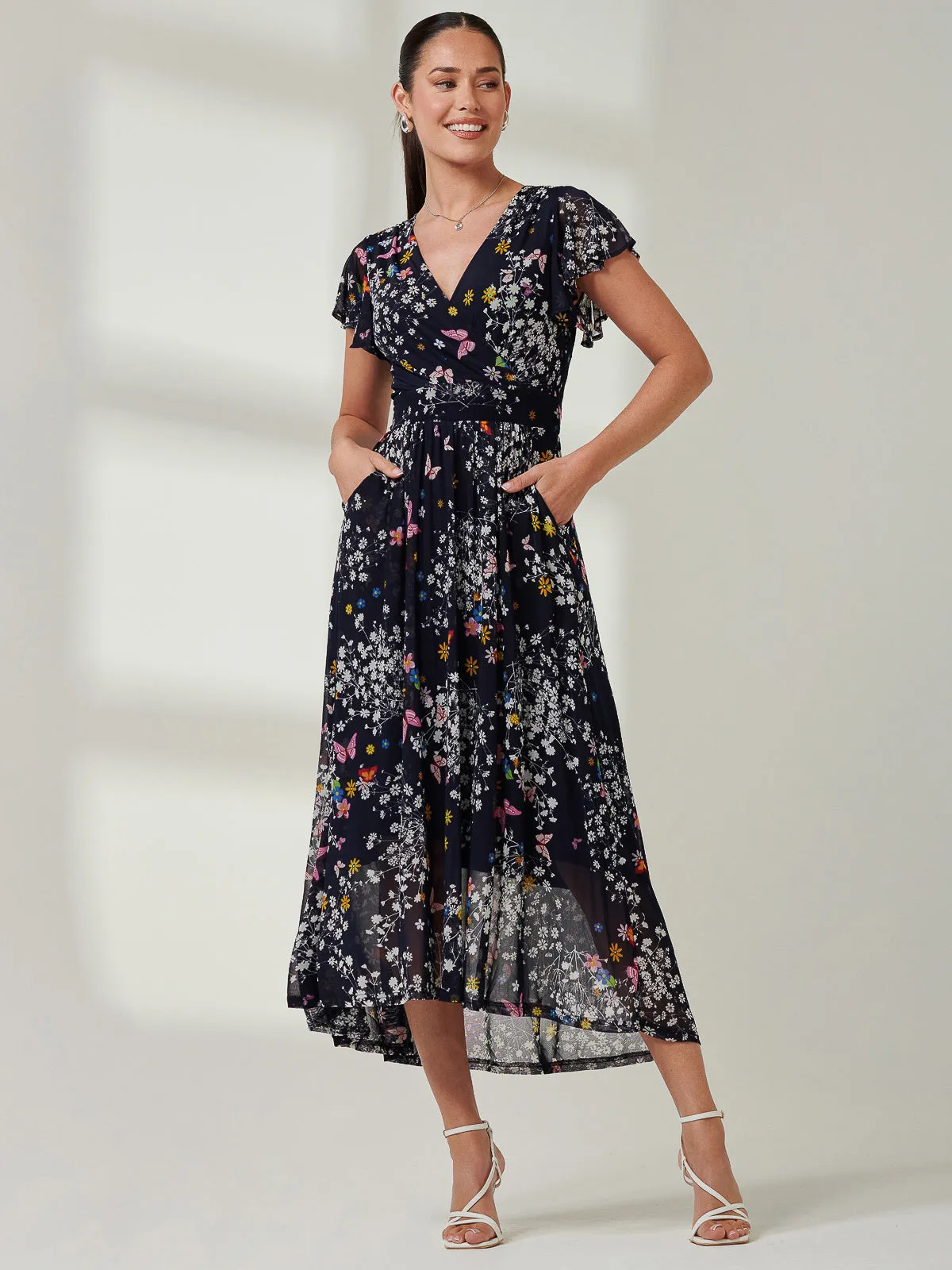 Wrap Dip Hem Mesh Maxi Dress, Navy Floral