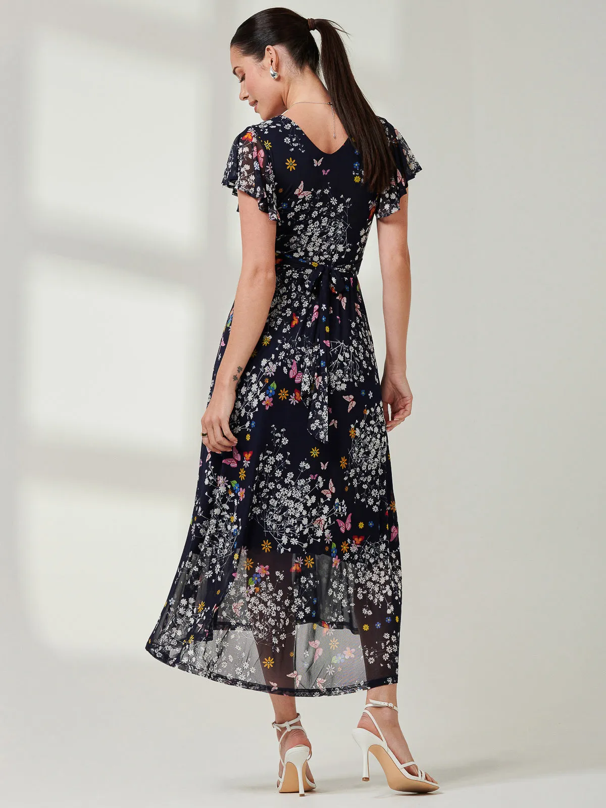 Wrap Dip Hem Mesh Maxi Dress, Navy Floral